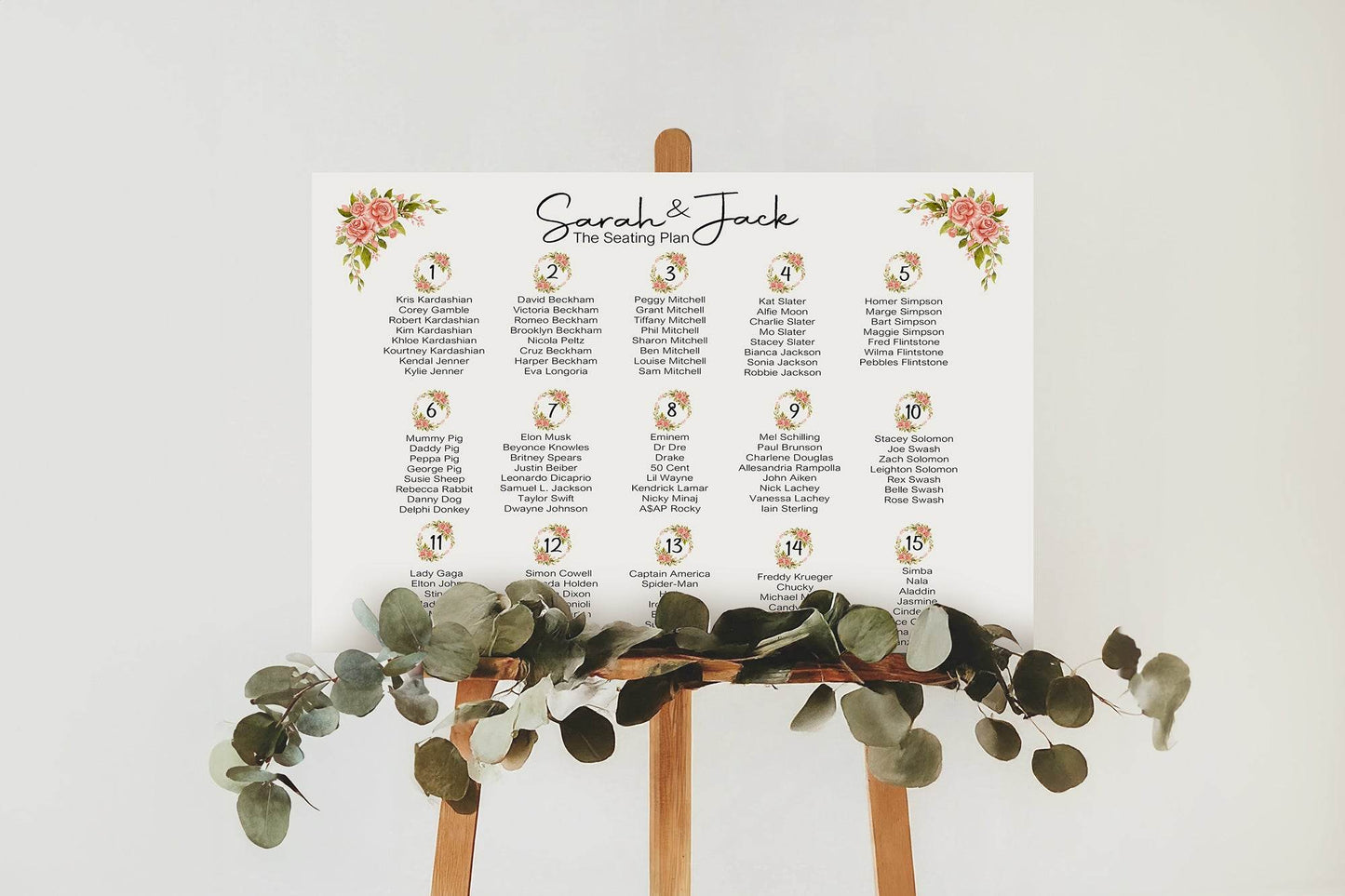 Pink Rose Table Plan Wedding Party Sign