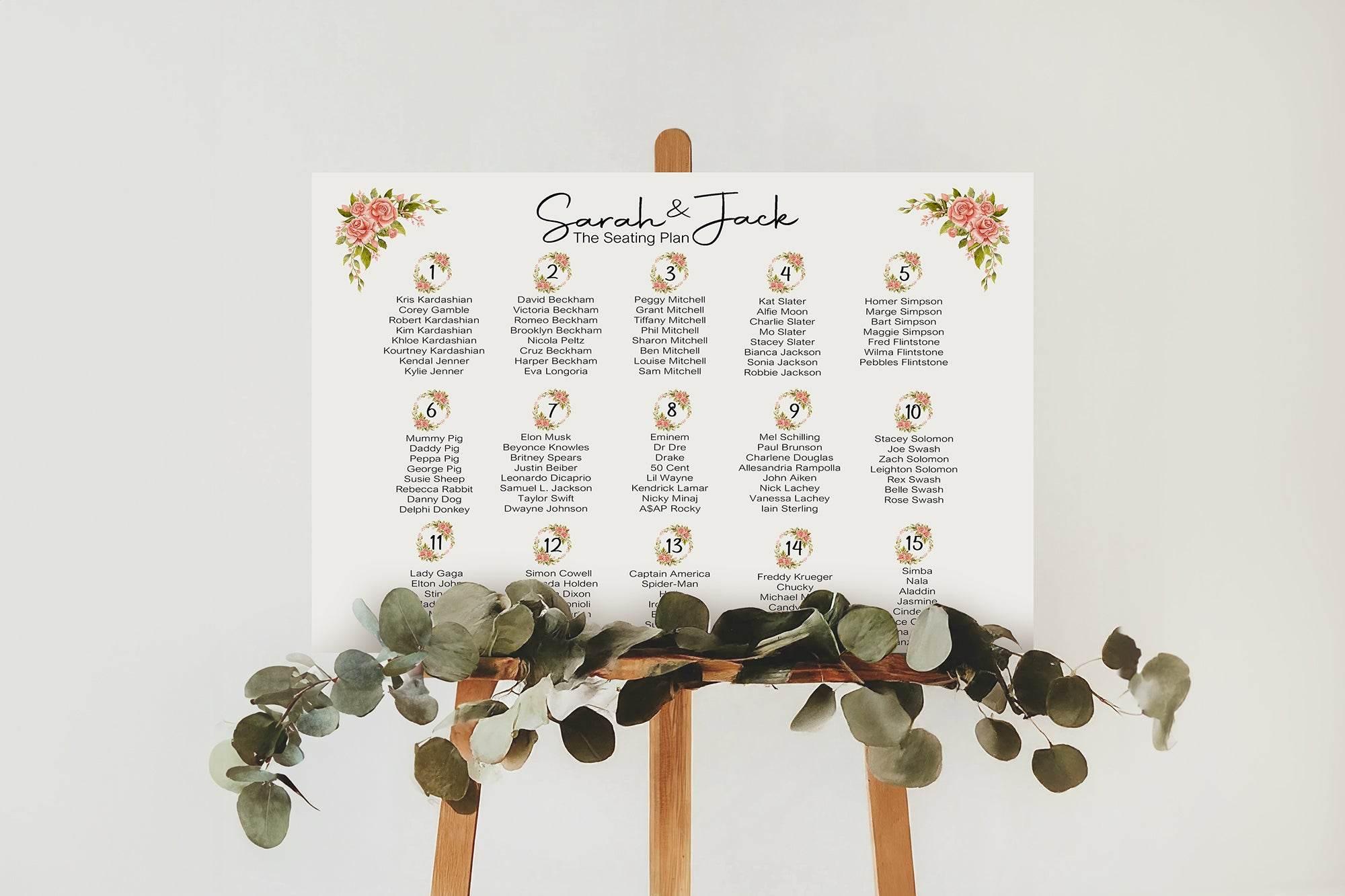Pink Rose Table Plan Wedding Party Sign - Larosier Prints