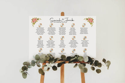 Pink Rose Table Plan Wedding Party Sign