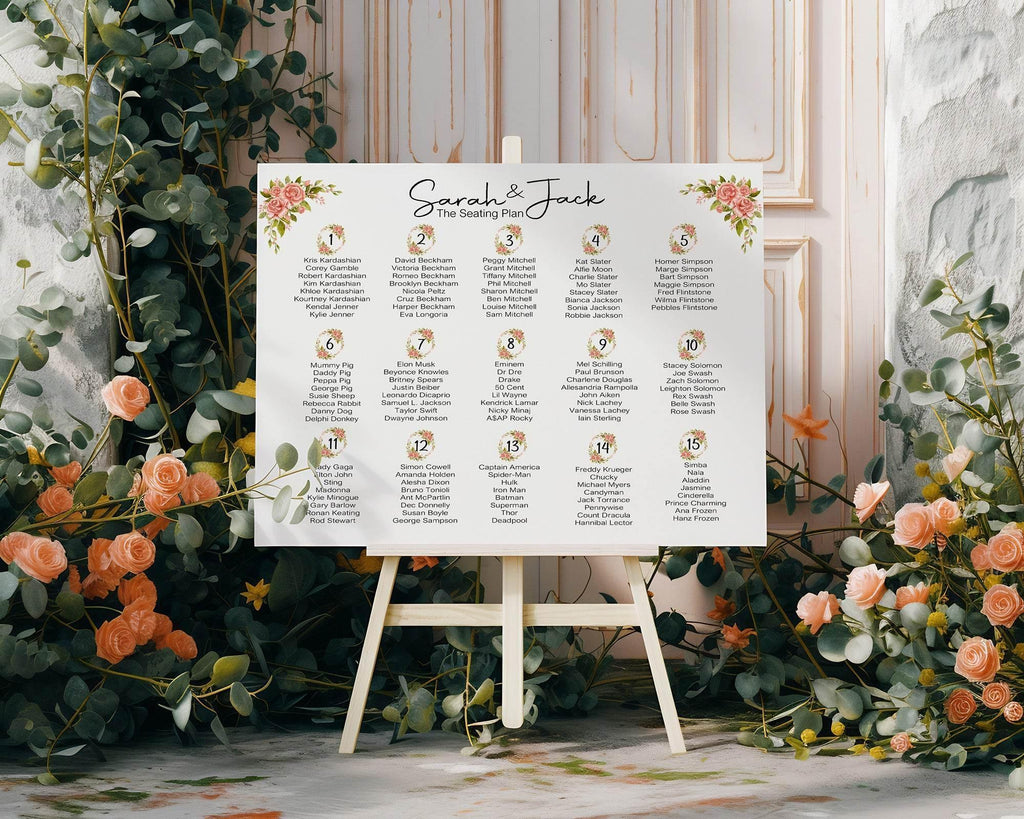 Pink Rose Pack of Table Number Wedding Party Signs - Larosier Prints