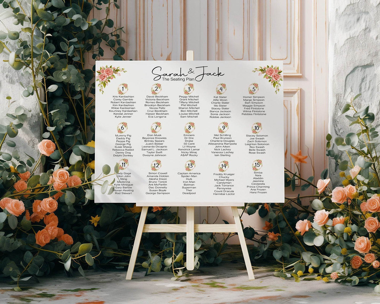 Pink Rose Table Plan Wedding Party Sign