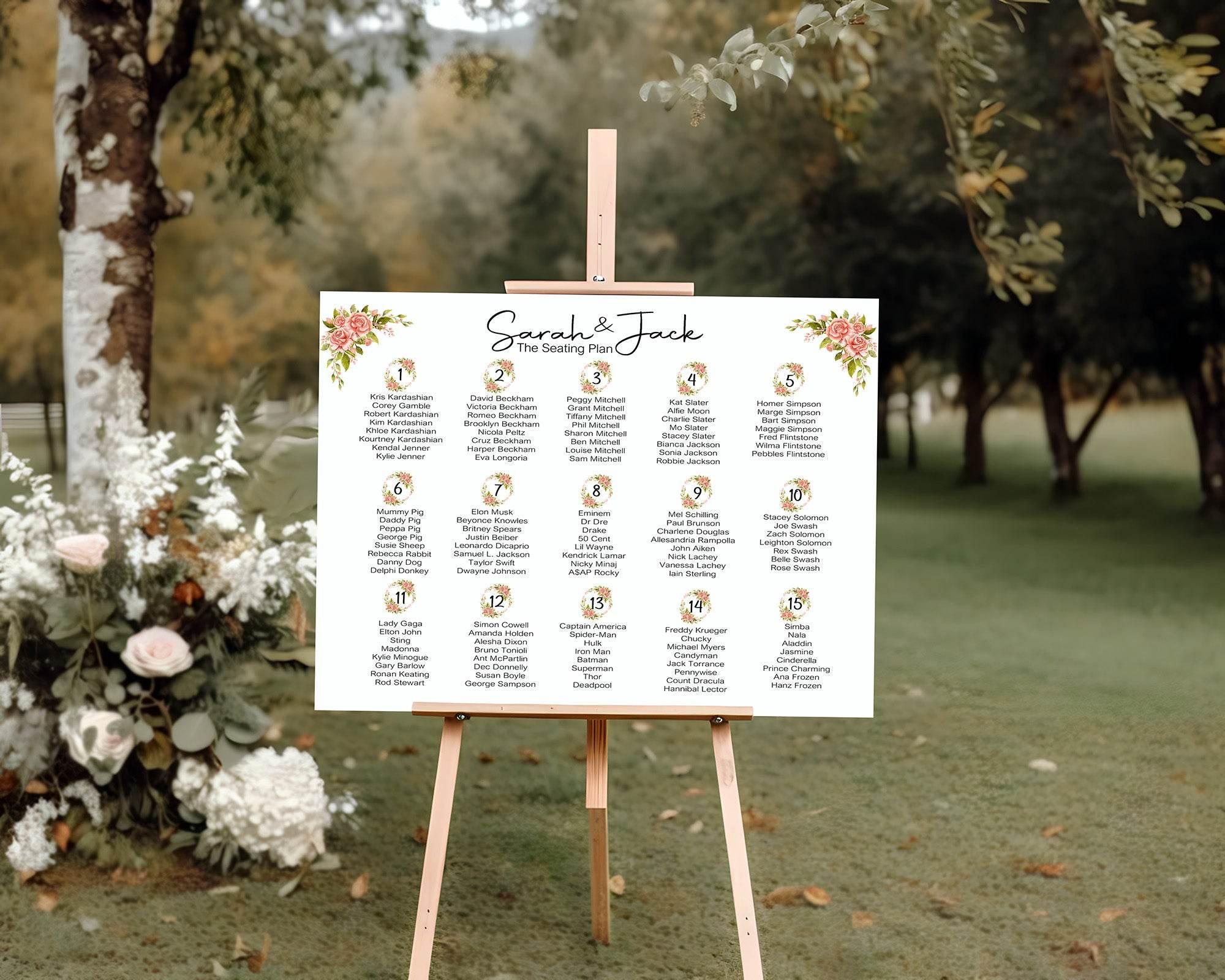 Pink Rose Table Plan Wedding Party Sign - Larosier Prints
