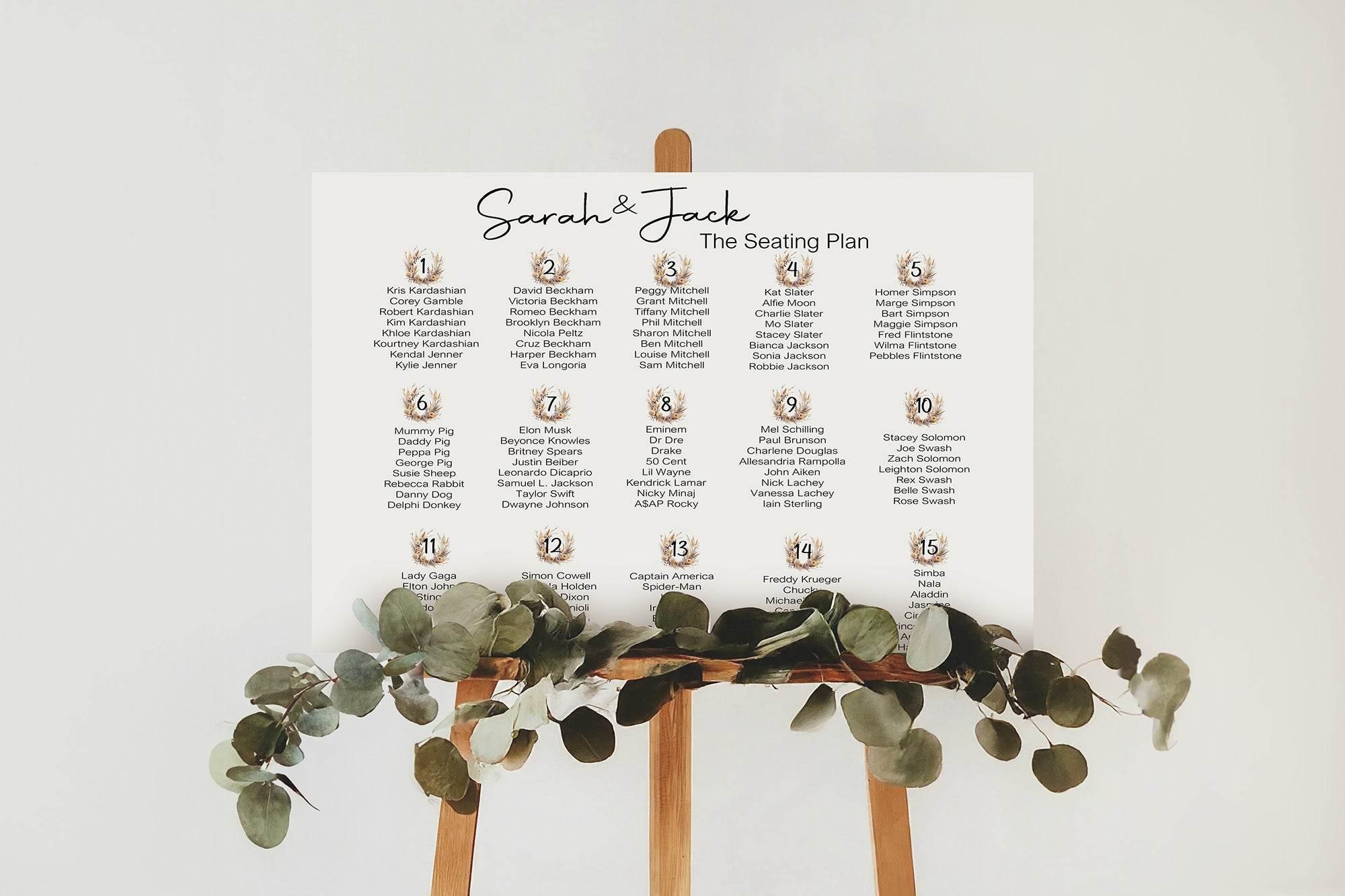 Boho Table Plan Wedding Party Sign - Larosier Prints