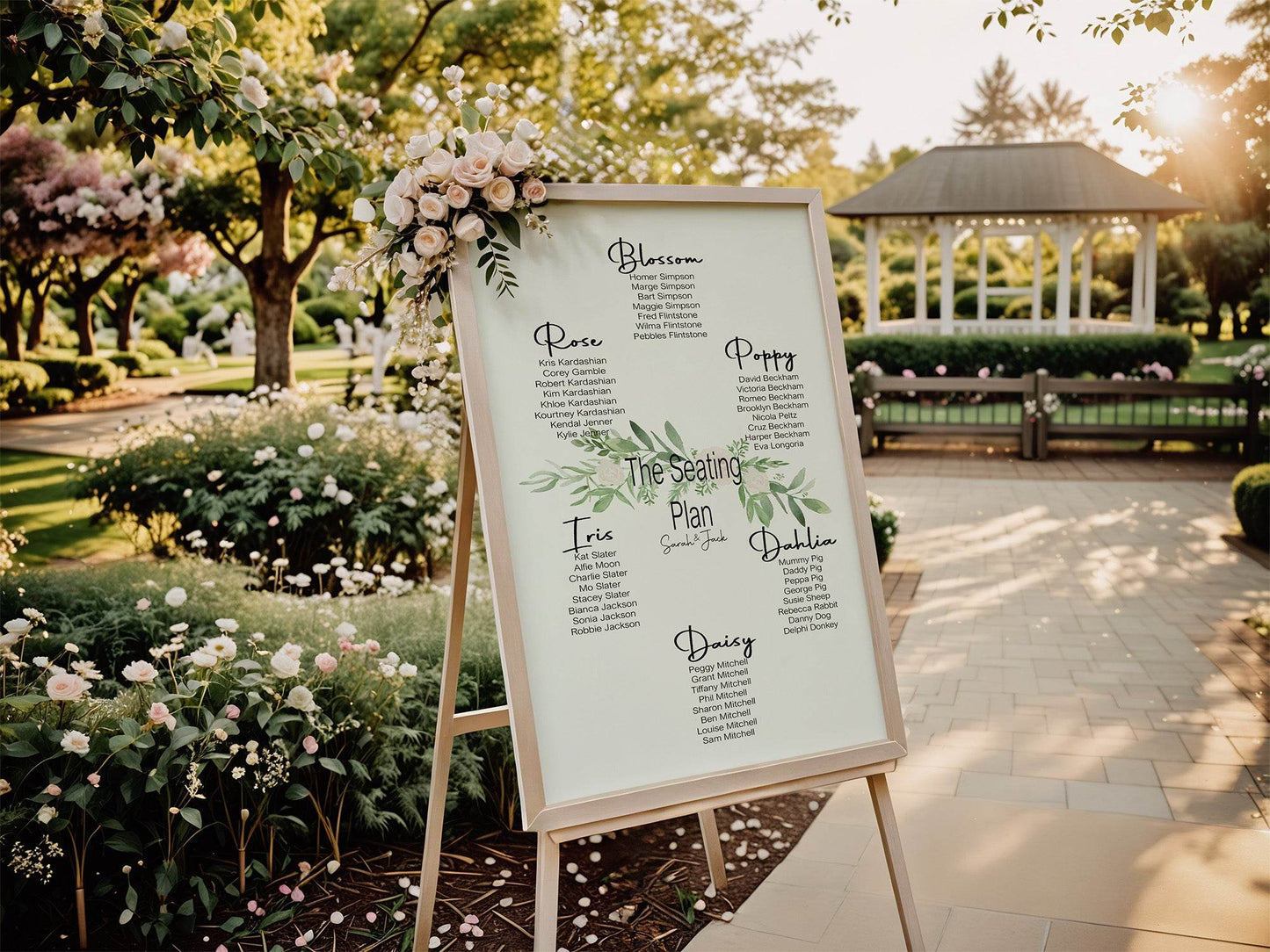 Green & White Rose Table Plan Wedding Party Sign