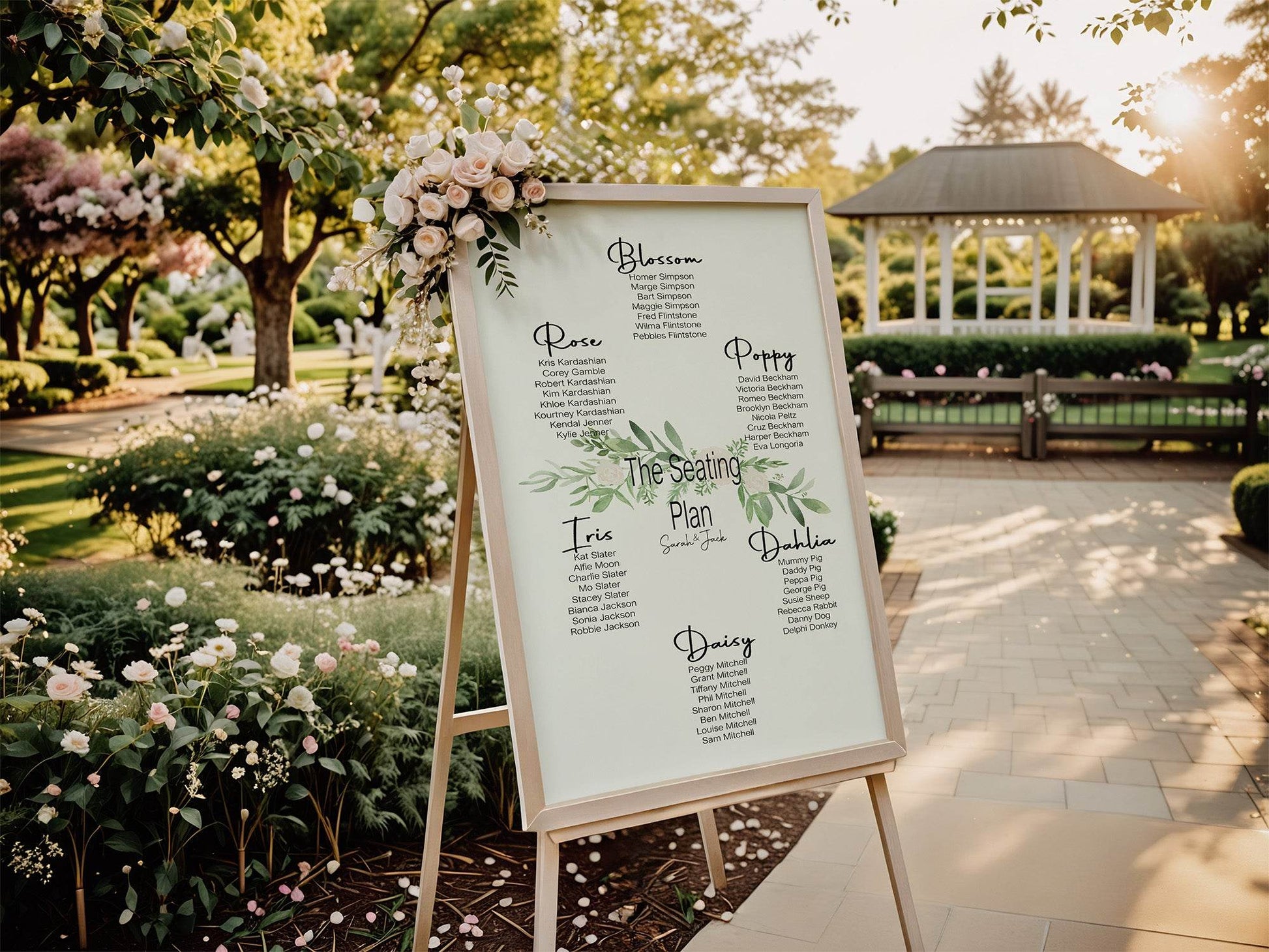 Green & White Rose Table Plan Wedding Party Sign