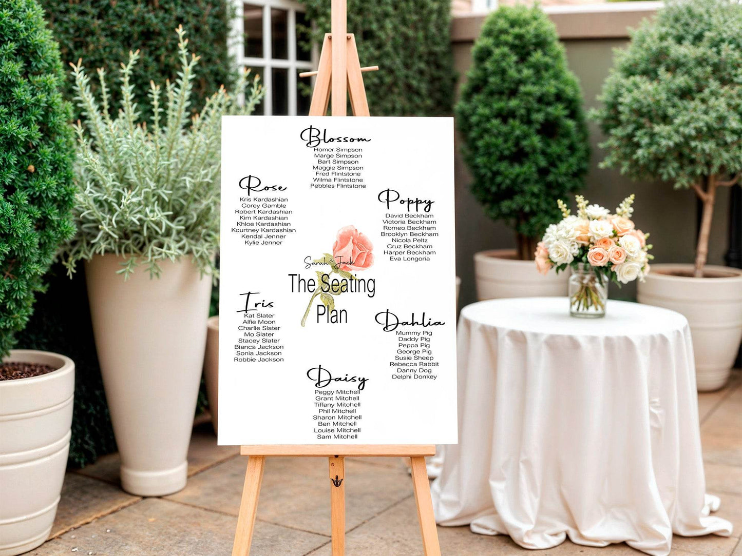 Pink Rose Table Plan Wedding Party Sign