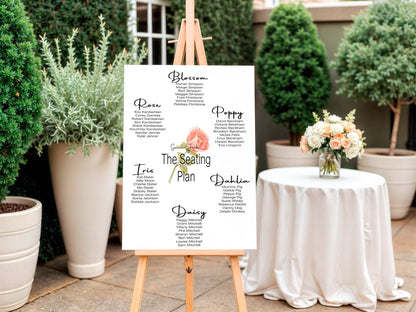 Pink Rose Table Plan Wedding Party Sign