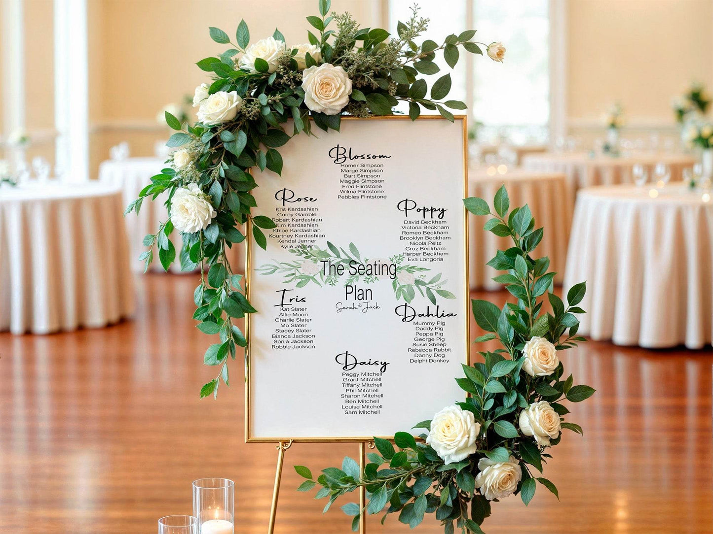 Green & White Rose Table Plan Wedding Party Sign