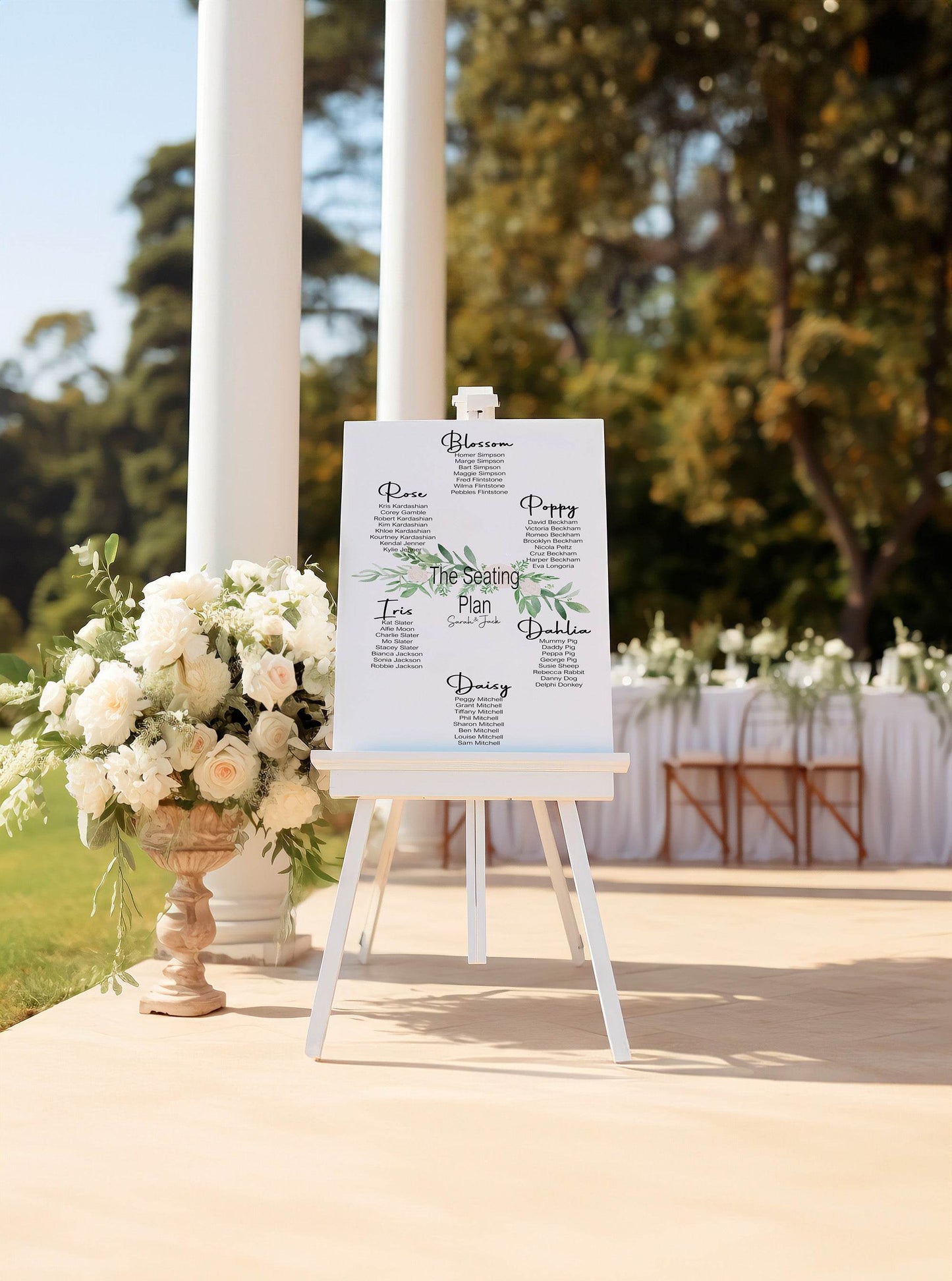 Green & White Rose Table Plan Wedding Party Sign