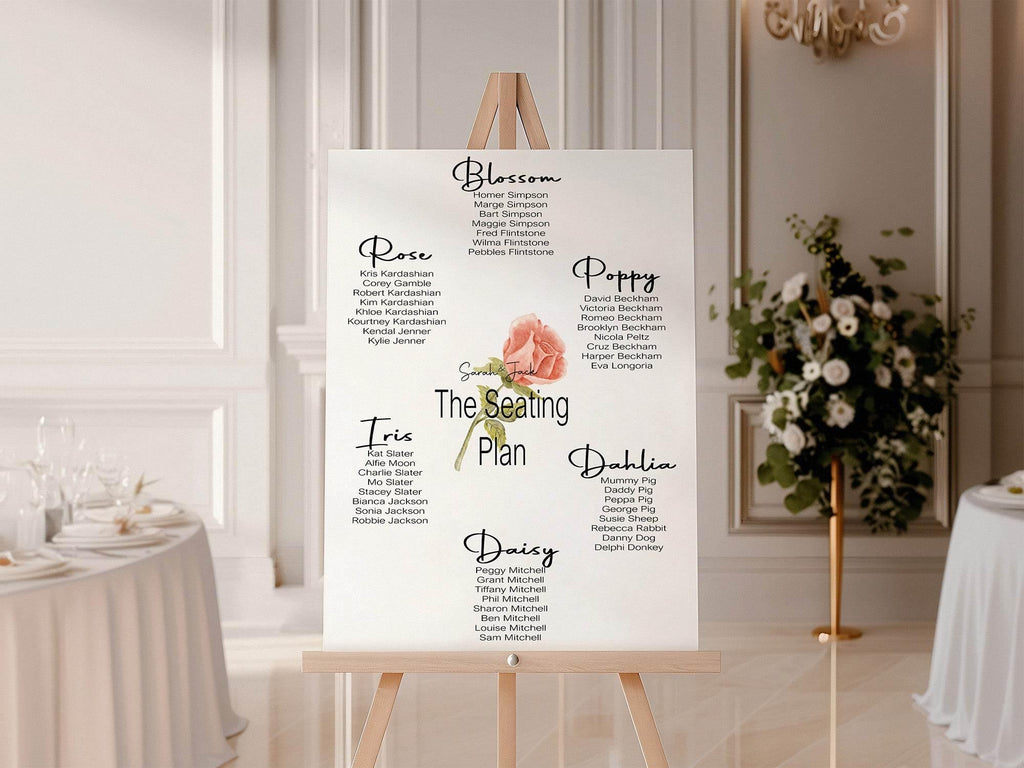 Pink Rose Table Plan Wedding Party Sign - Larosier Prints