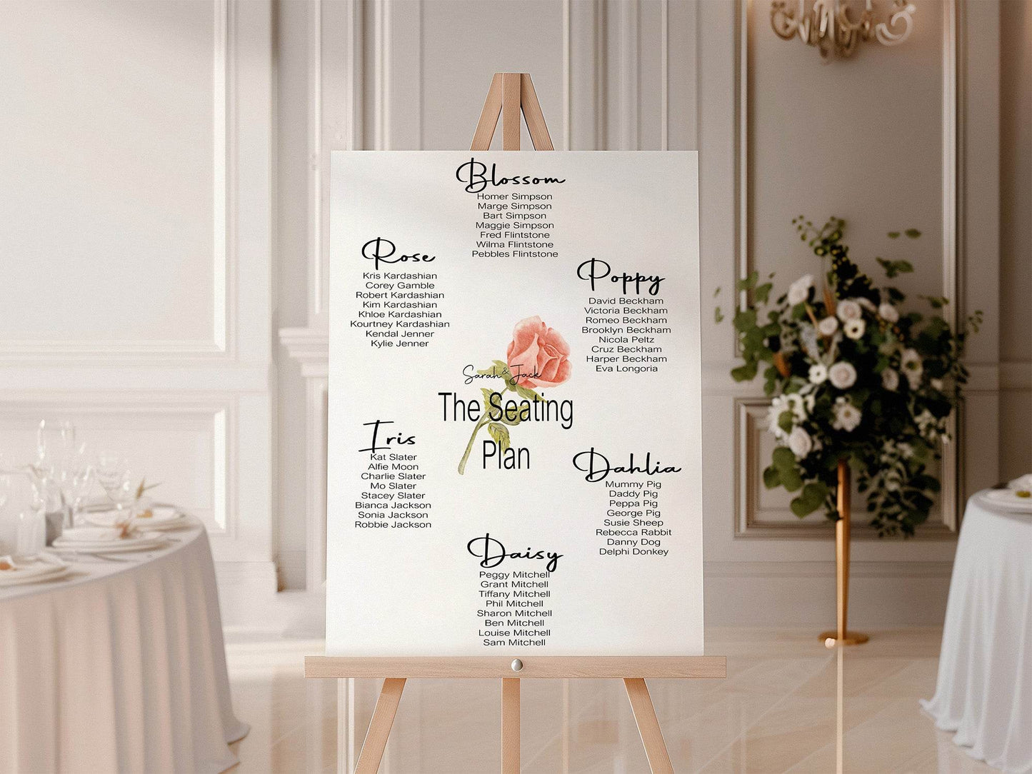 Pink Rose Table Plan Wedding Party Sign