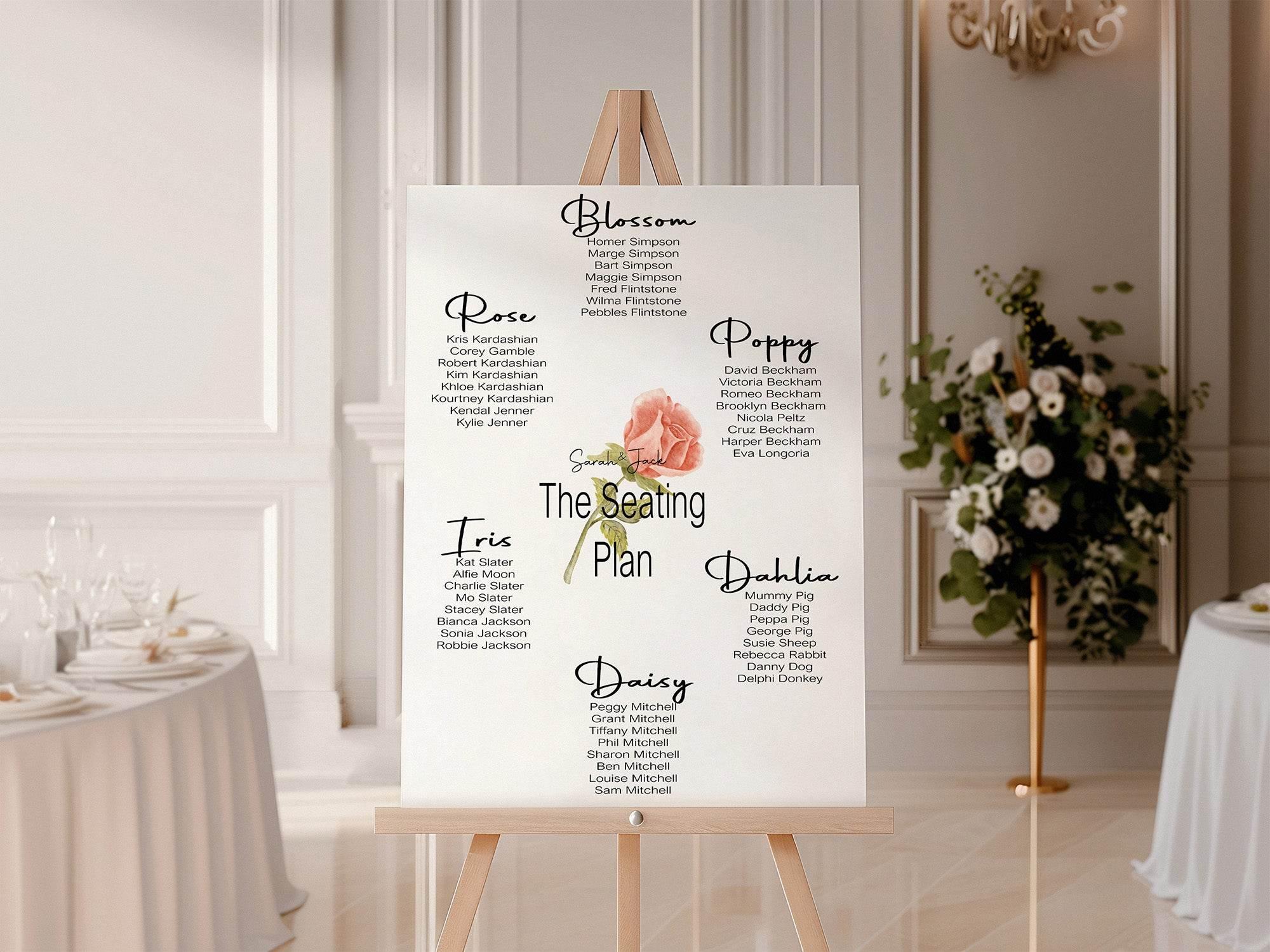 Pink Rose Table Plan Wedding Party Sign - Larosier Prints
