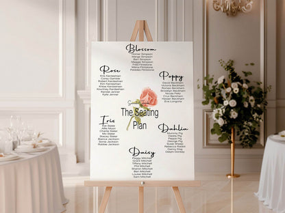 Pink Rose Table Plan Wedding Party Sign