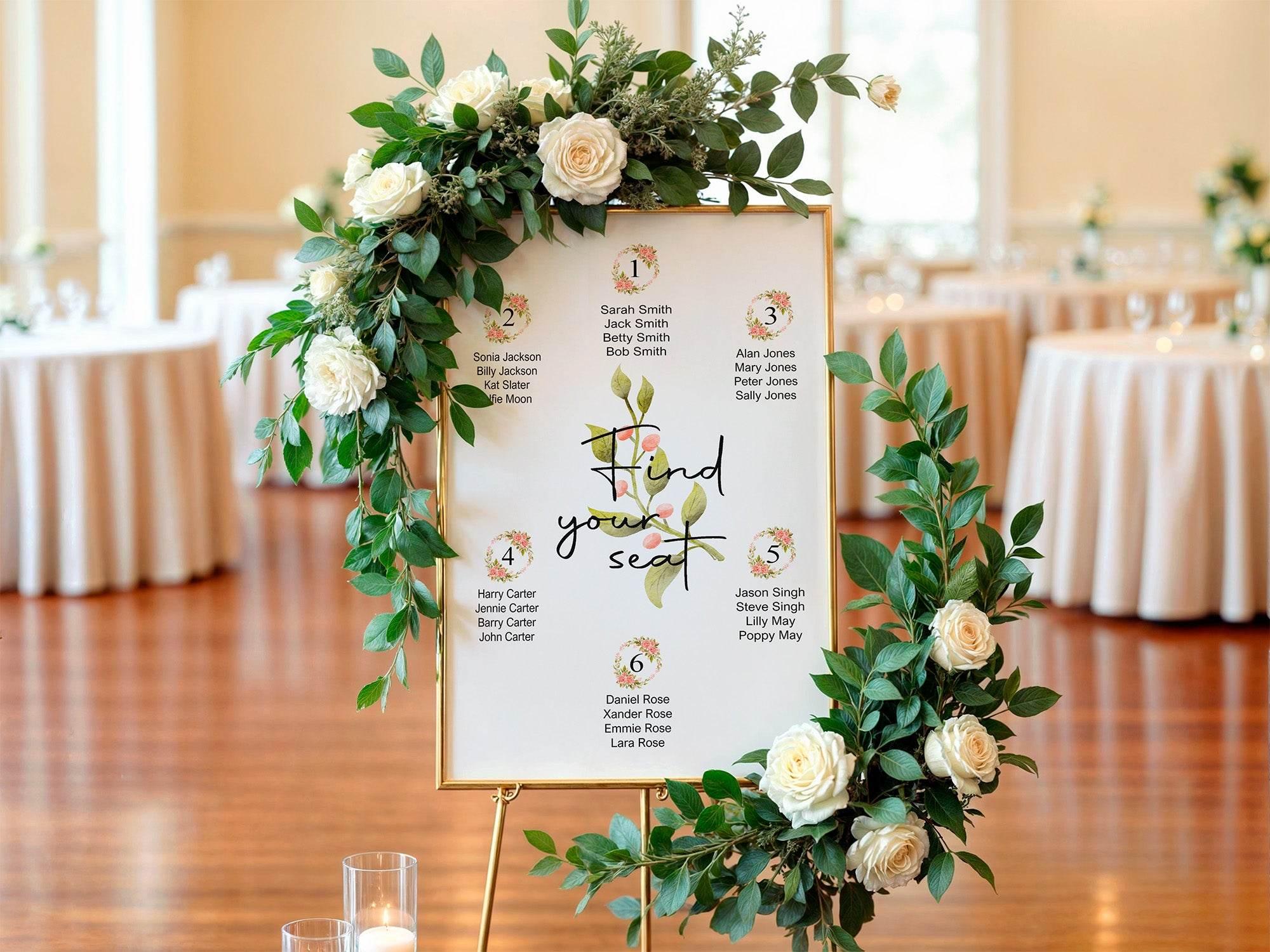 Pink Rose Table Plan Wedding Party Sign - Larosier Prints