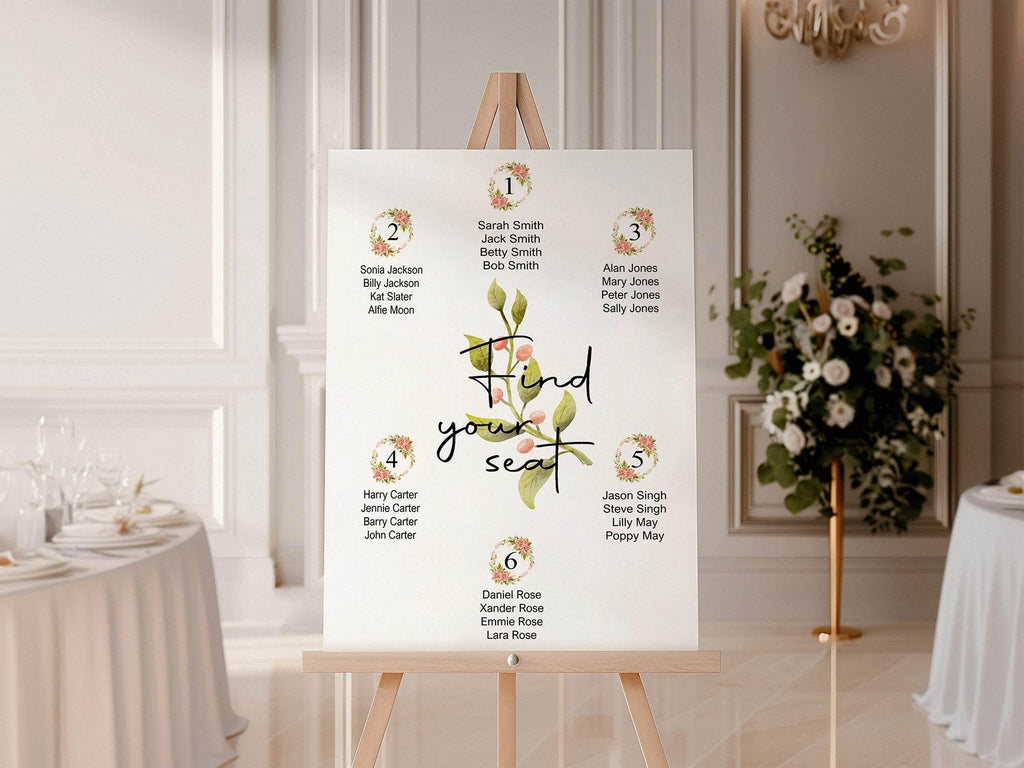 Pink Rose Table Plan Wedding Party Sign - Larosier Prints