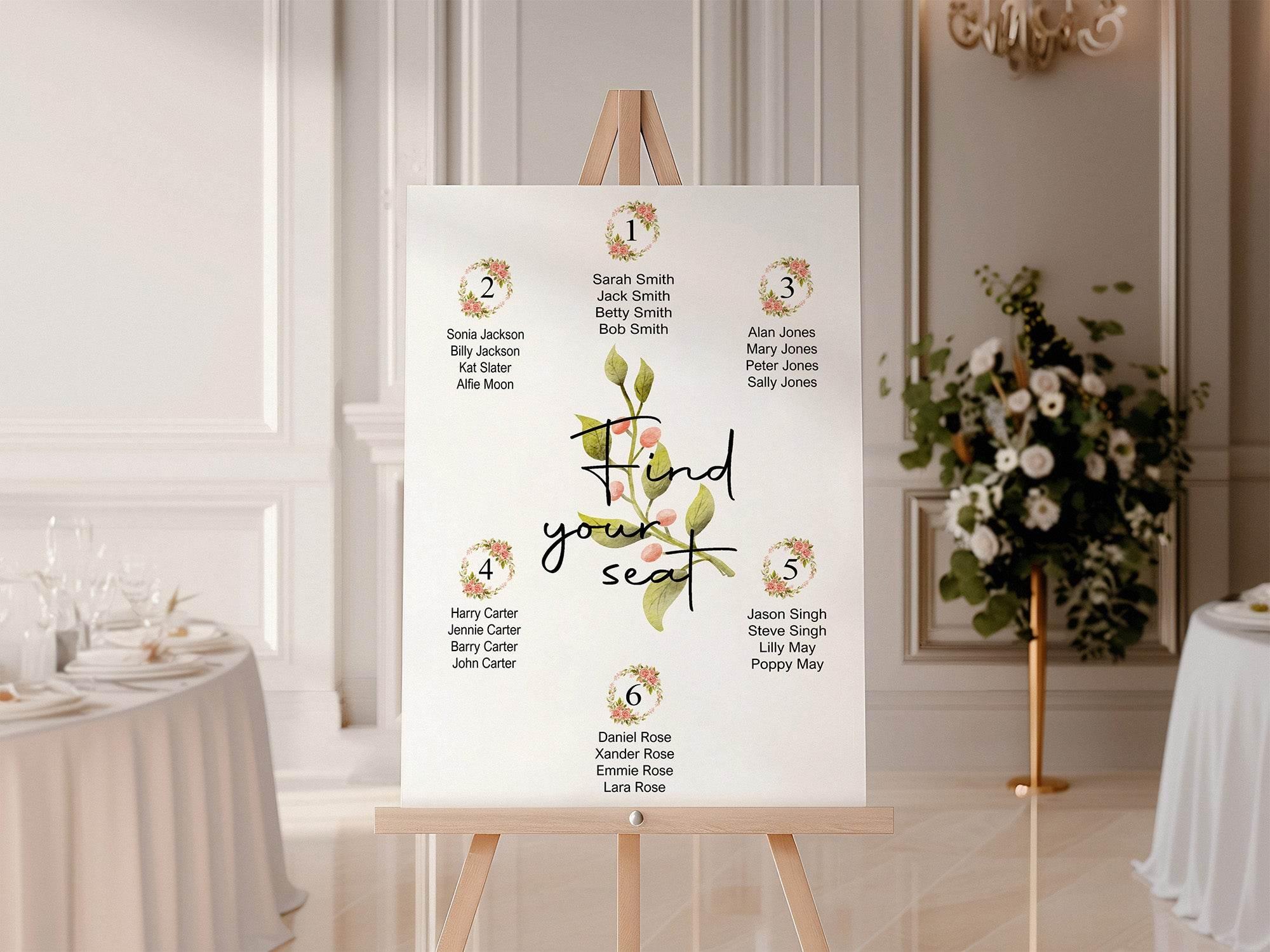 Pink Rose Table Plan Wedding Party Sign - Larosier Prints