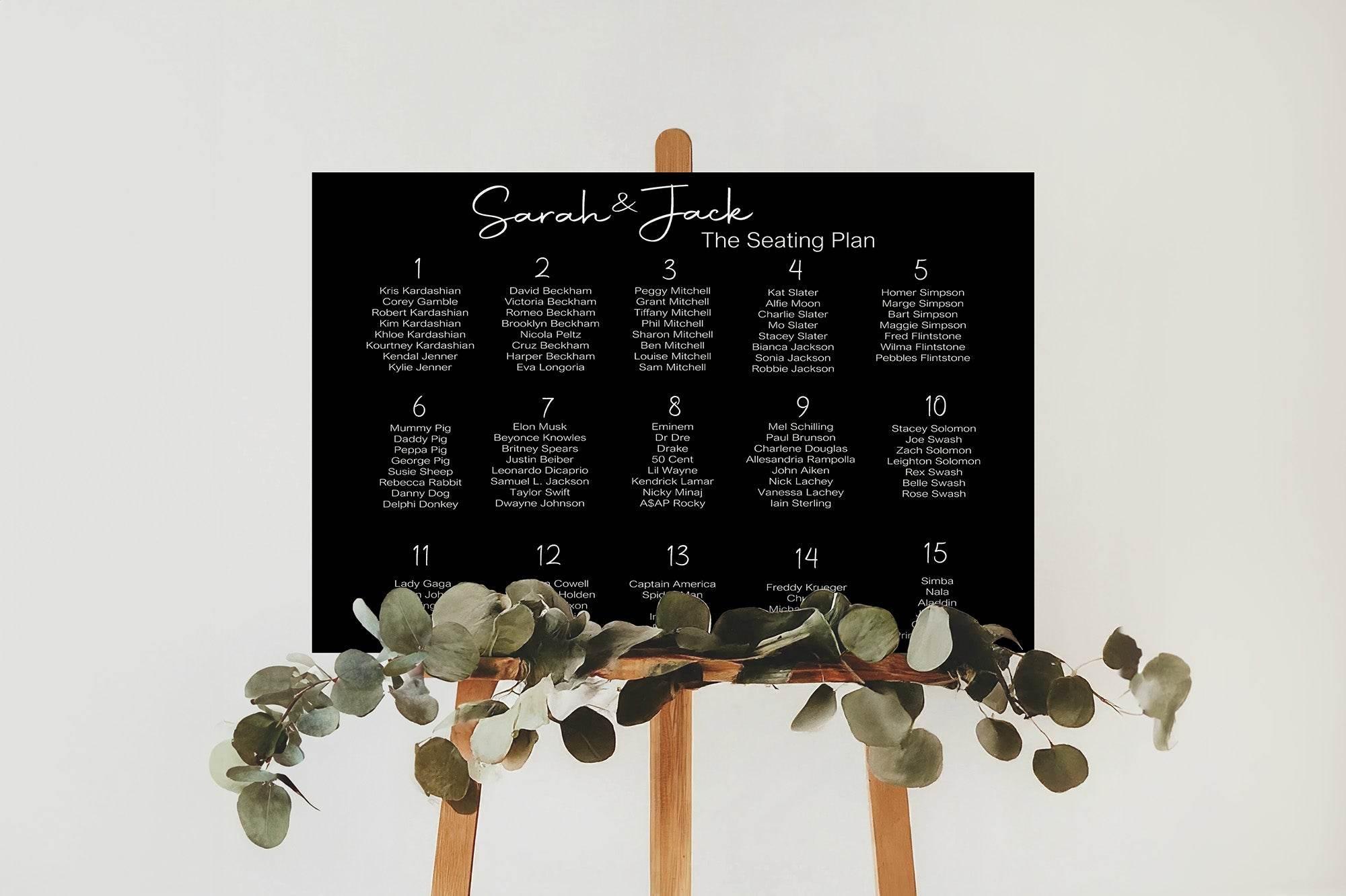Black & White Stripe Table Plan Wedding Party Sign | Black or White Background - Larosier Prints