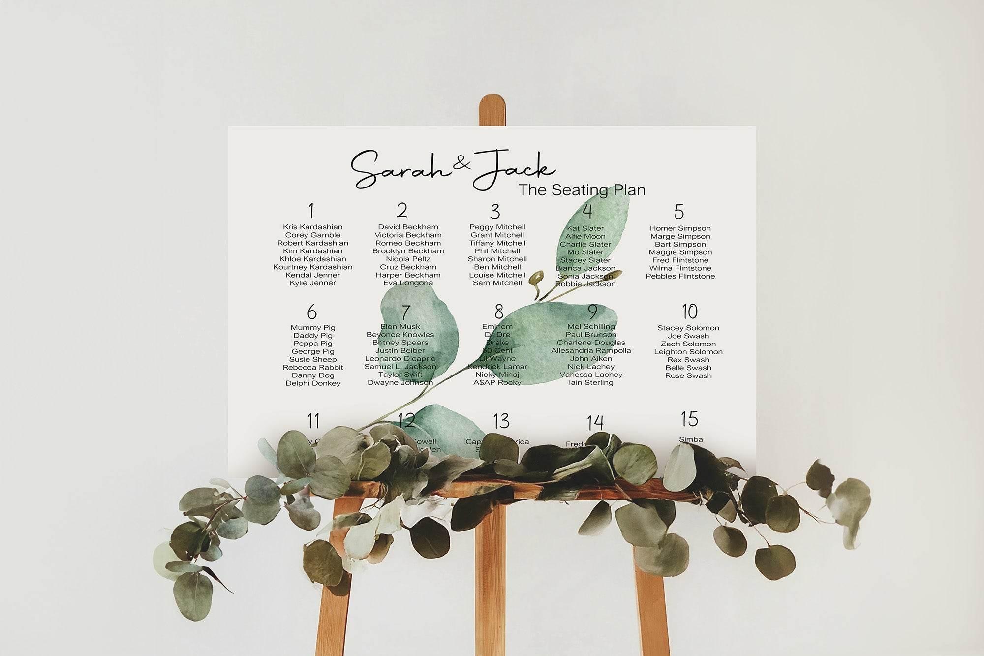 Eucalyptus Table Plan Wedding Party Sign - Larosier Prints