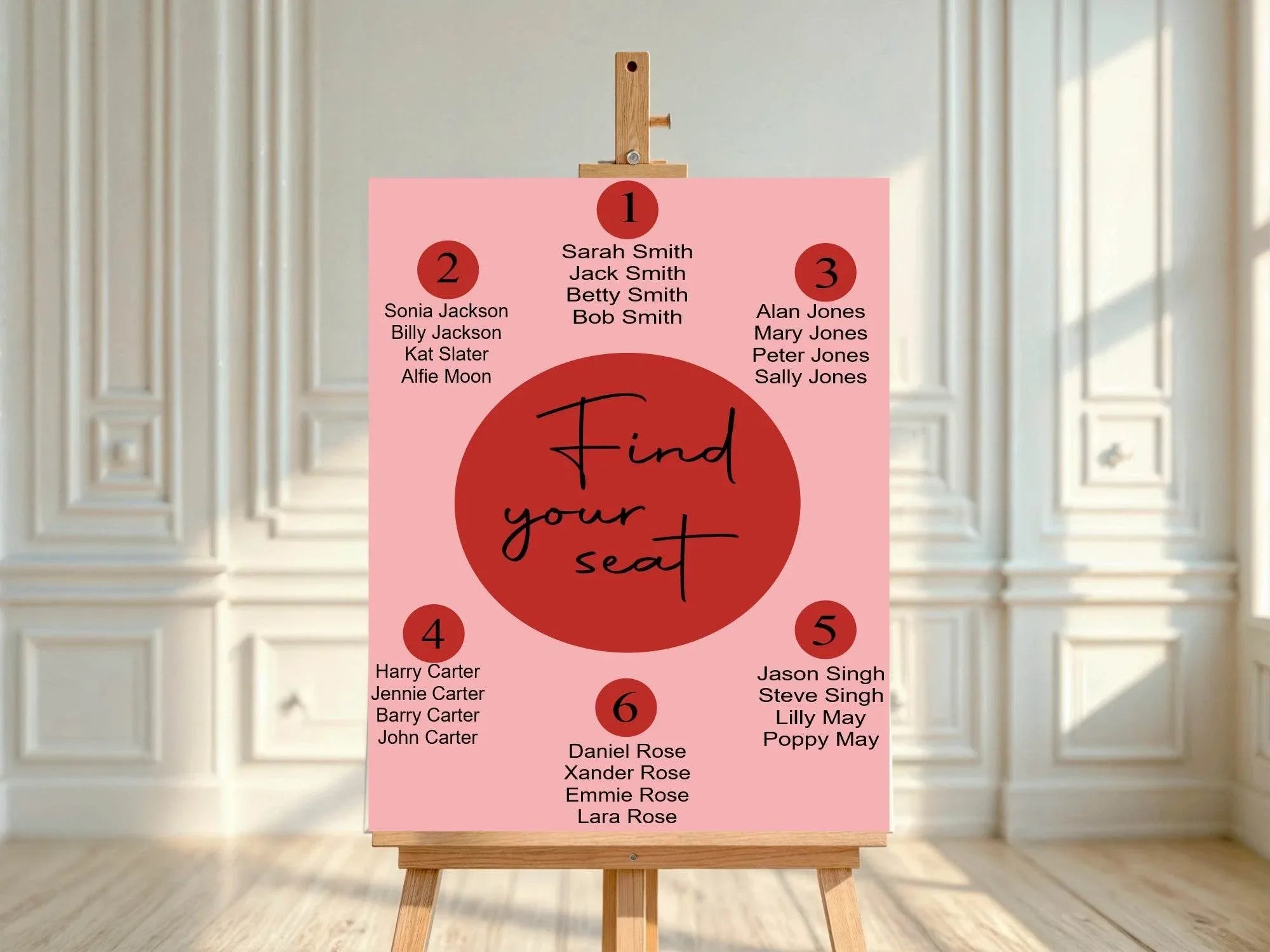 Red & Pink Table Plan Wedding Party Sign - Larosier Prints