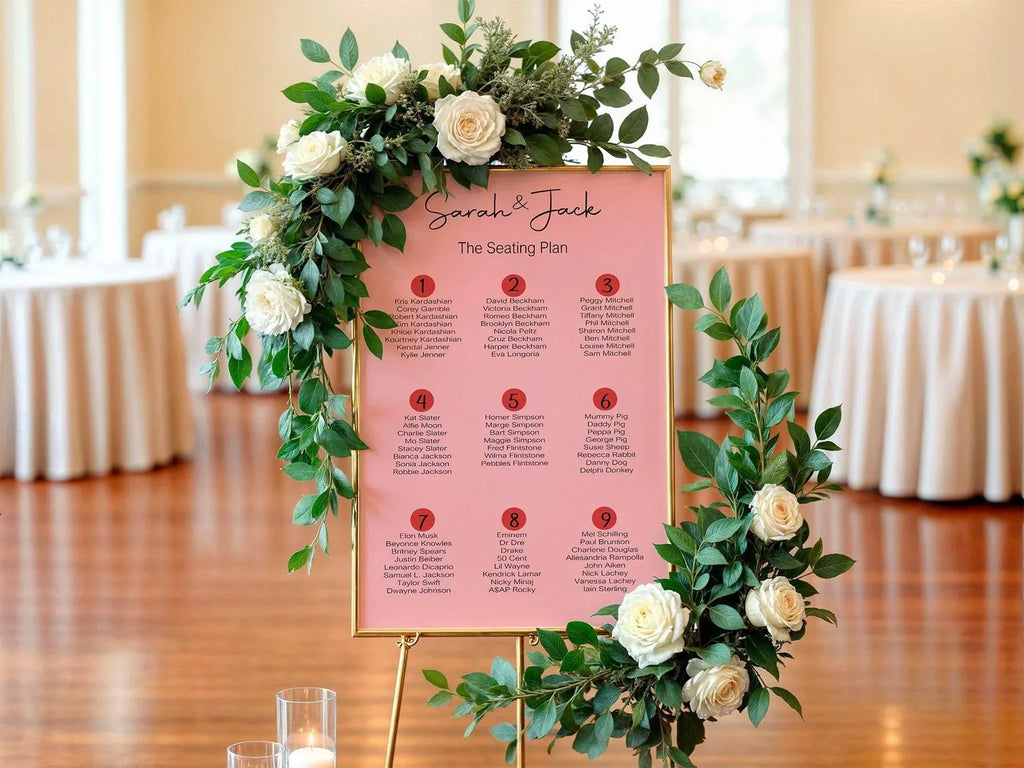 Red & Pink Pack of Table Number Wedding Party Signs - Larosier Prints
