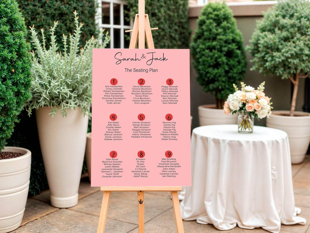 Red & Pink Table Plan Wedding Party Sign - Larosier Prints