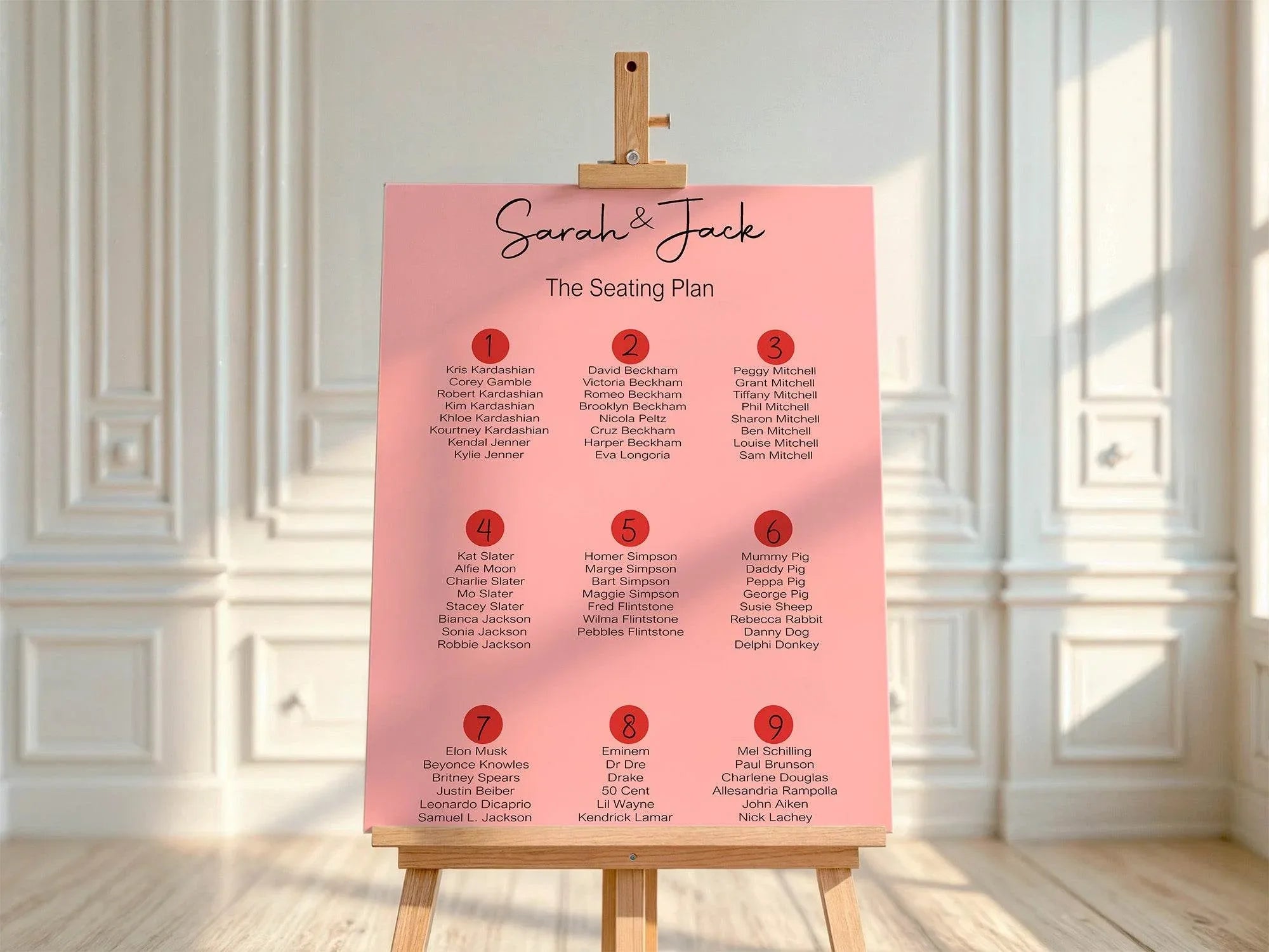 Red & Pink Table Plan Wedding Party Sign - Larosier Prints