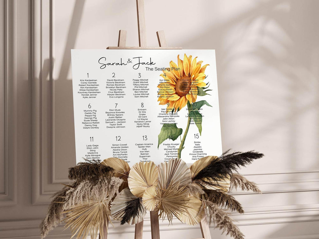 Sunflower Table Plan Wedding Party Sign - Larosier Prints