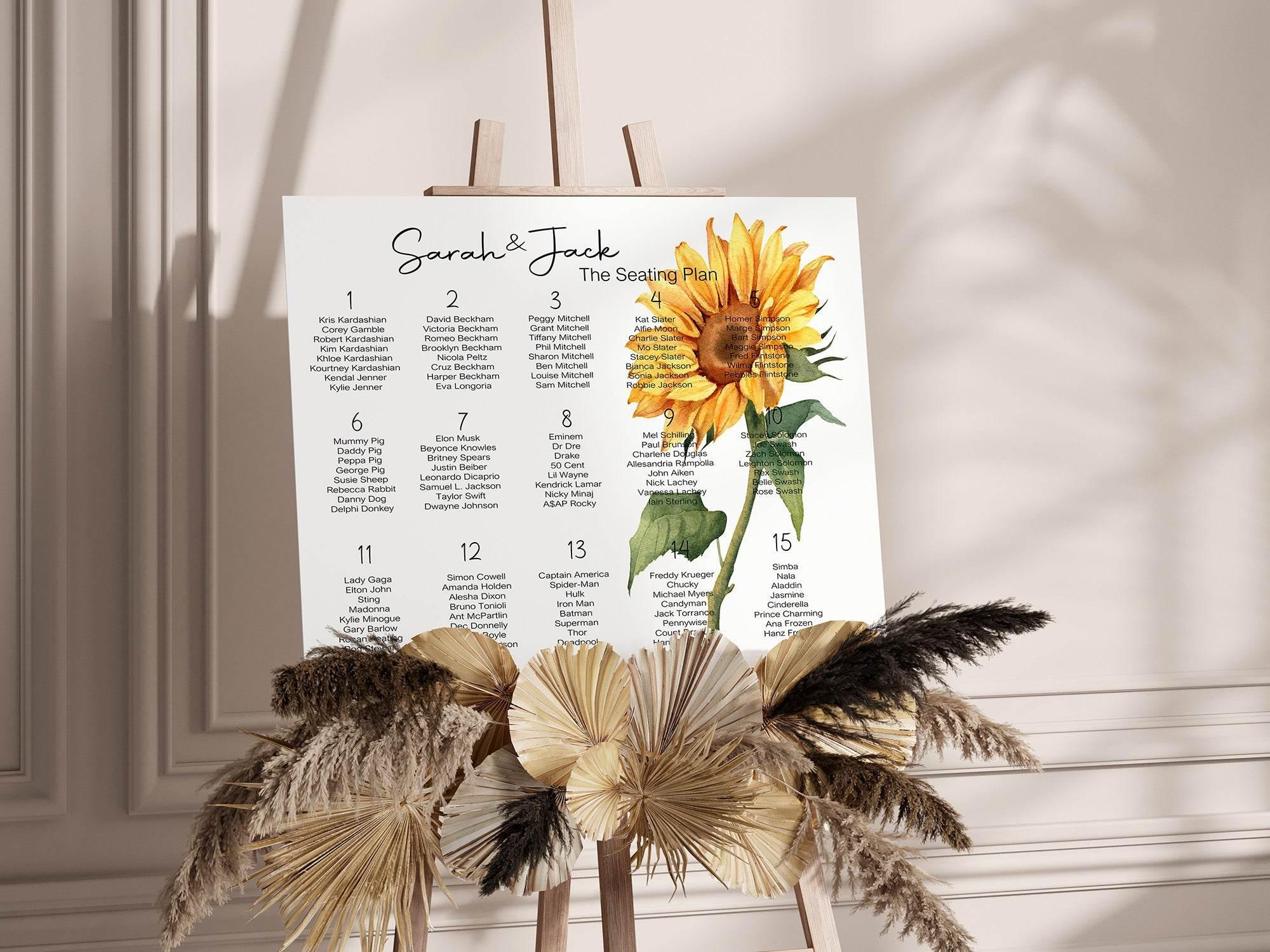 Sunflower Table Plan Wedding Party Sign - Larosier Prints