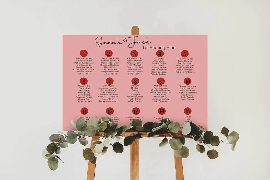 Red & Pink Pack of Table Number Wedding Party Signs - Larosier Prints