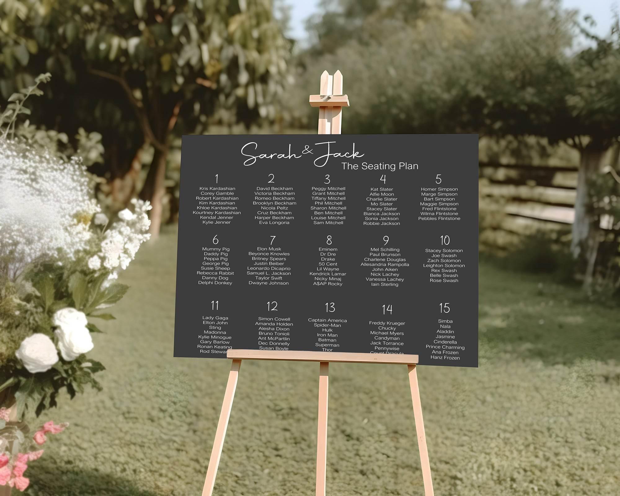 Minimalist Noir Table Plan Wedding Party Sign - Larosier Prints