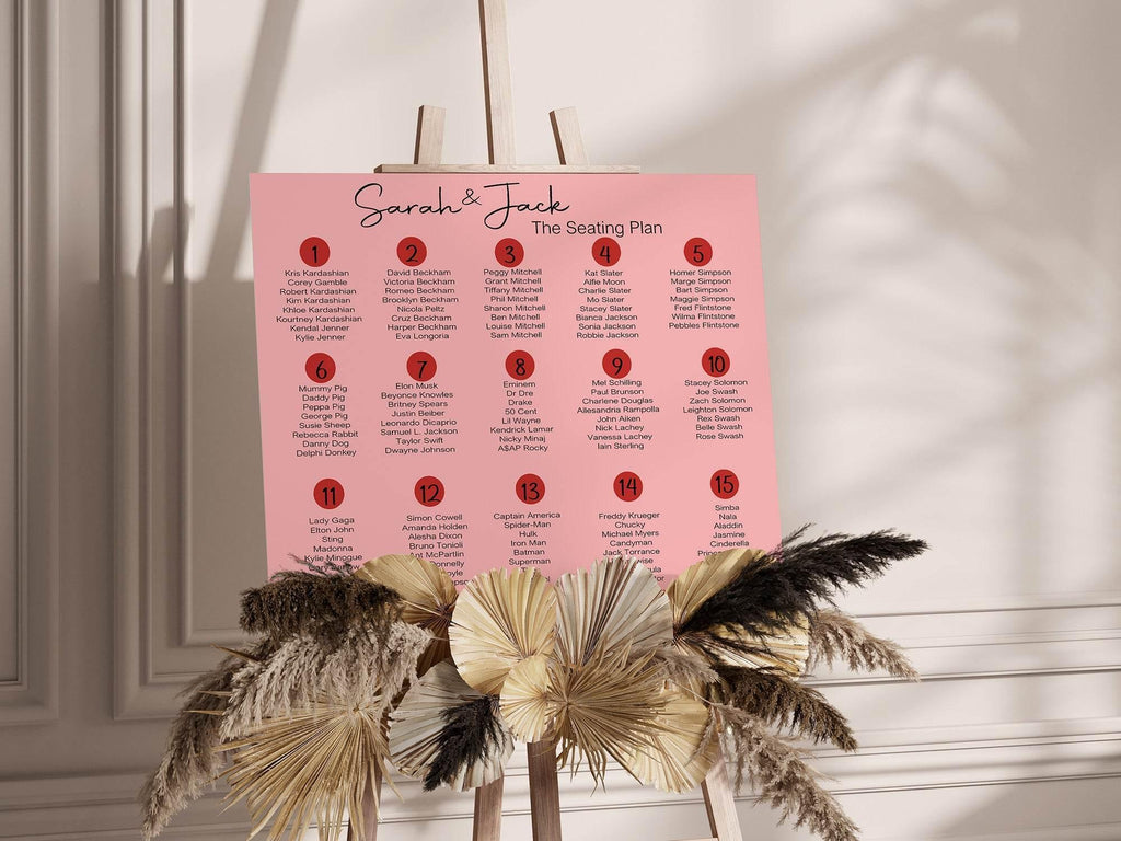 Red & Pink Pack of Table Number Wedding Party Signs - Larosier Prints