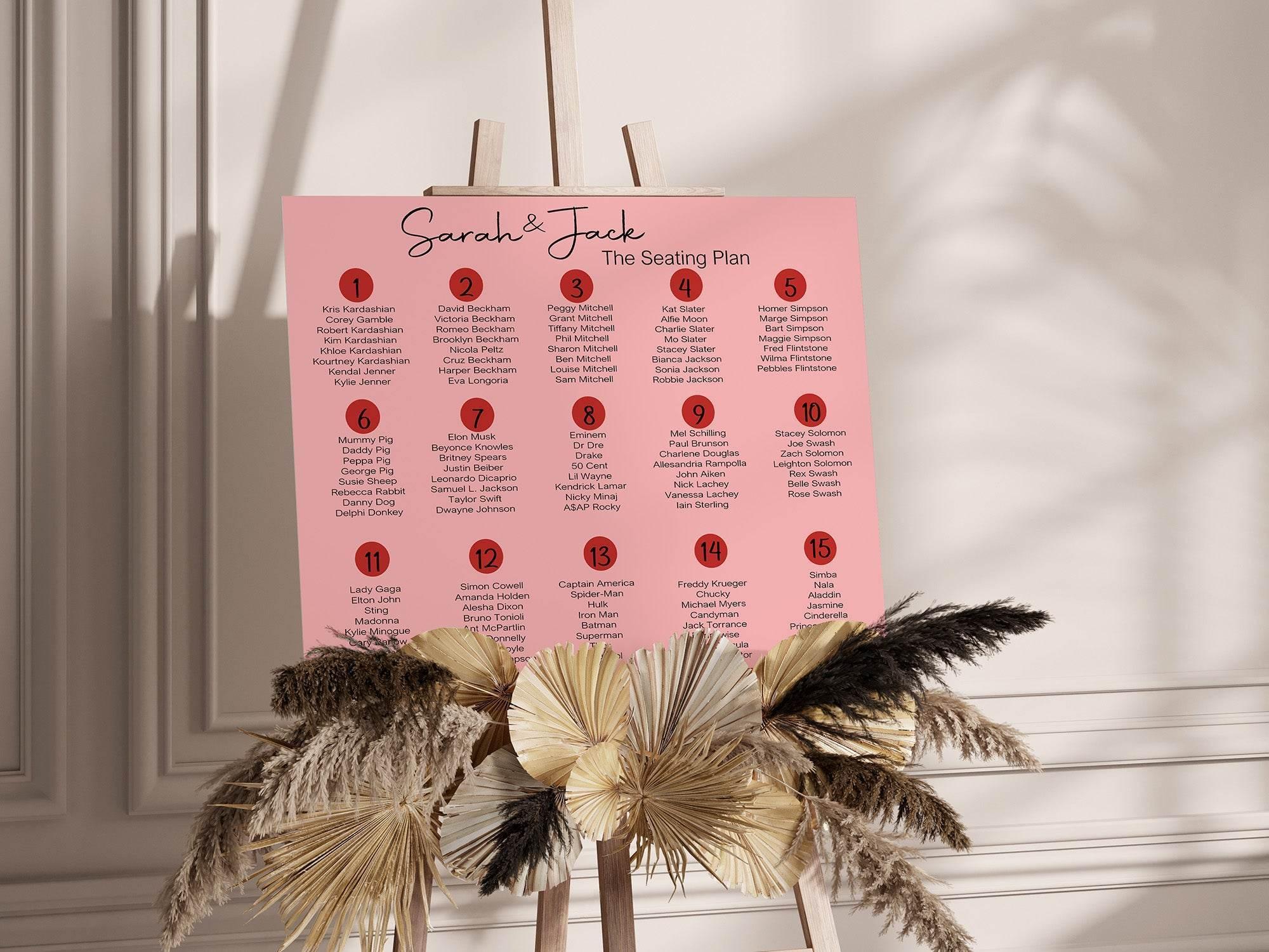 Red & Pink Pack of Table Number Wedding Party Signs - Larosier Prints