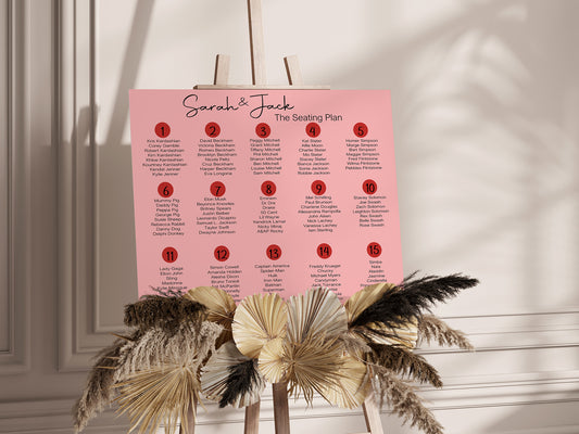 Red & Pink Table Plan Wedding Party Sign