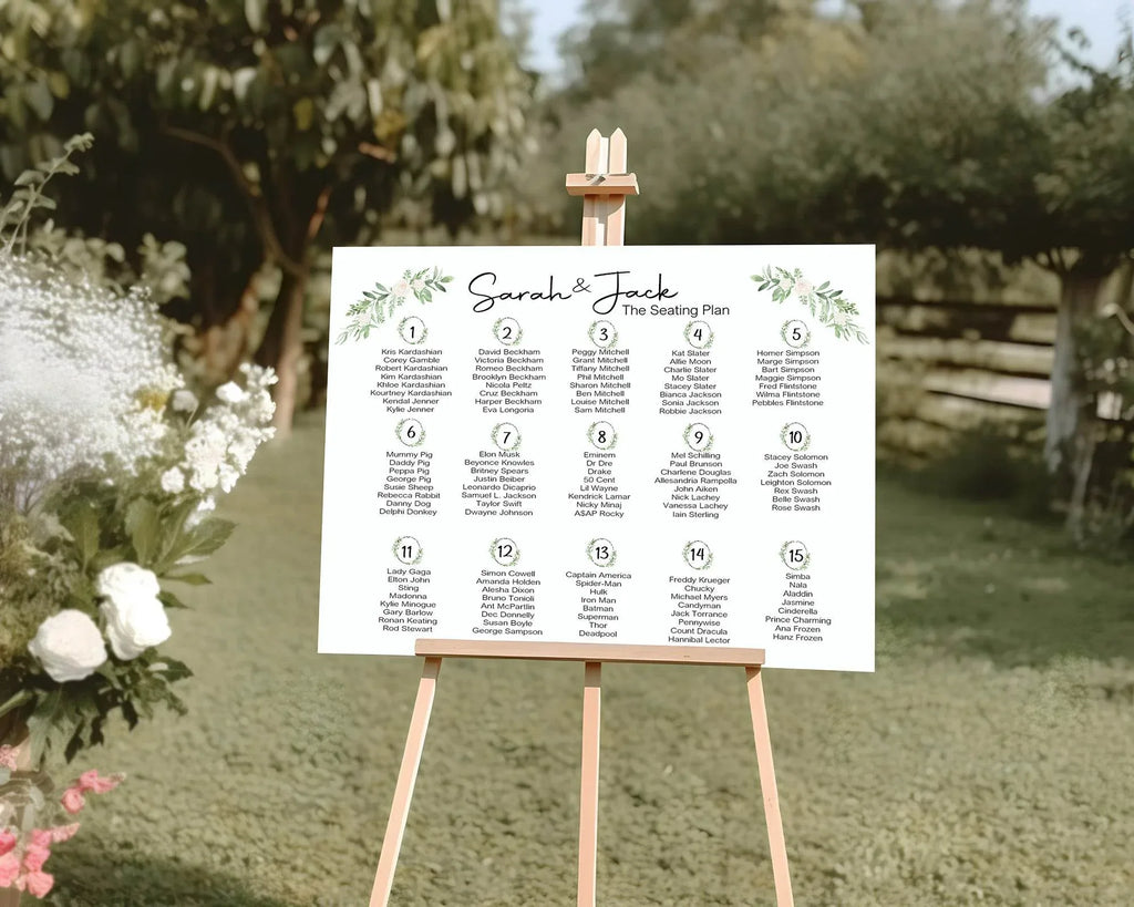 Green & White Rose Table Plan Wedding Party Sign - Larosier Prints