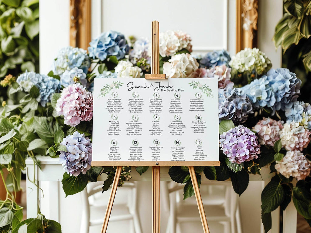 Green & White Rose Table Plan Wedding Party Sign - Larosier Prints