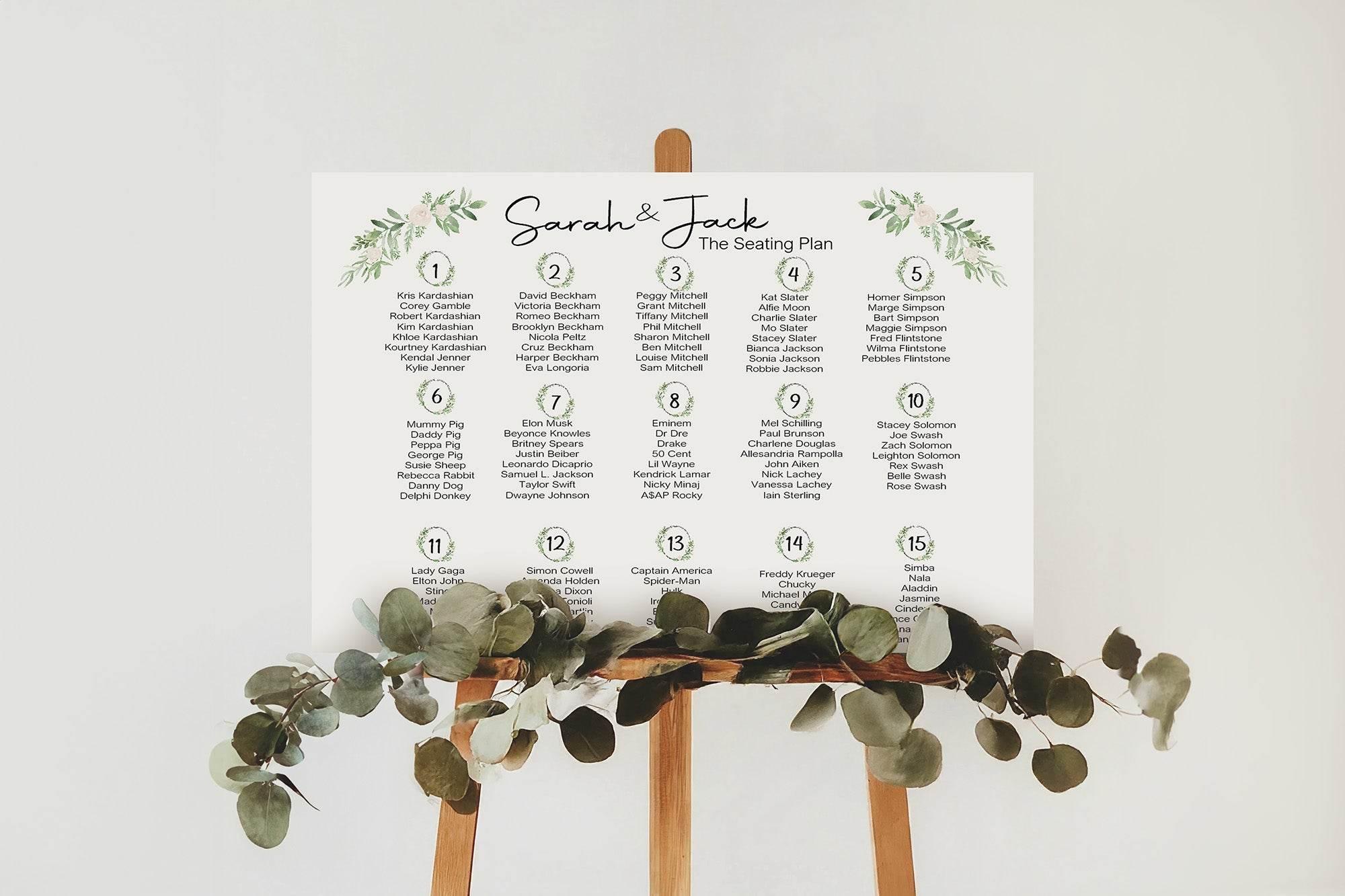 Green & White Rose Table Plan Wedding Party Sign - Larosier Prints