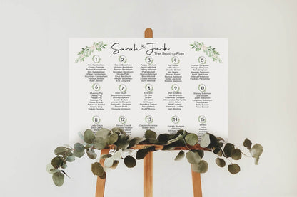 Green & White Rose Table Plan Wedding Party Sign