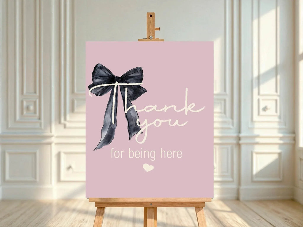Bows Thank You Birthday Party Sign | Pink & Black - Larosier Prints