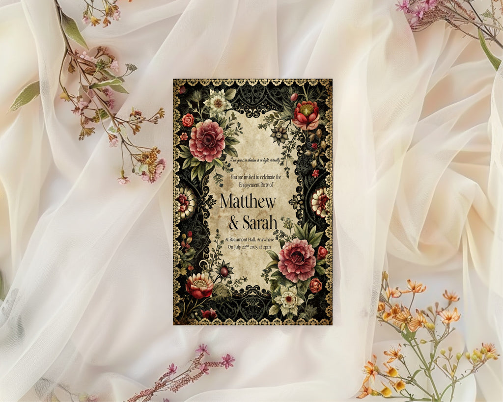 Gothic Engagement Party Invitations | Gothic Floral Frame | Pack of 10