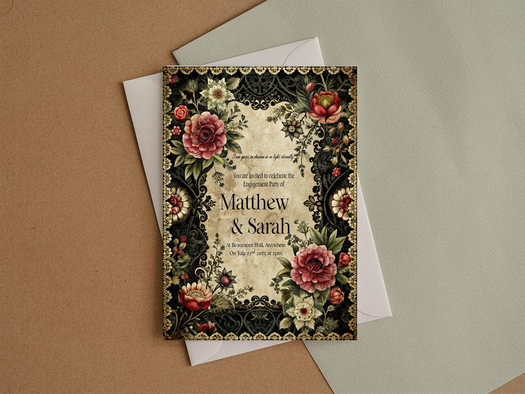 Gothic Engagement Party Invitations | Gothic Floral Frame | Pack of 10