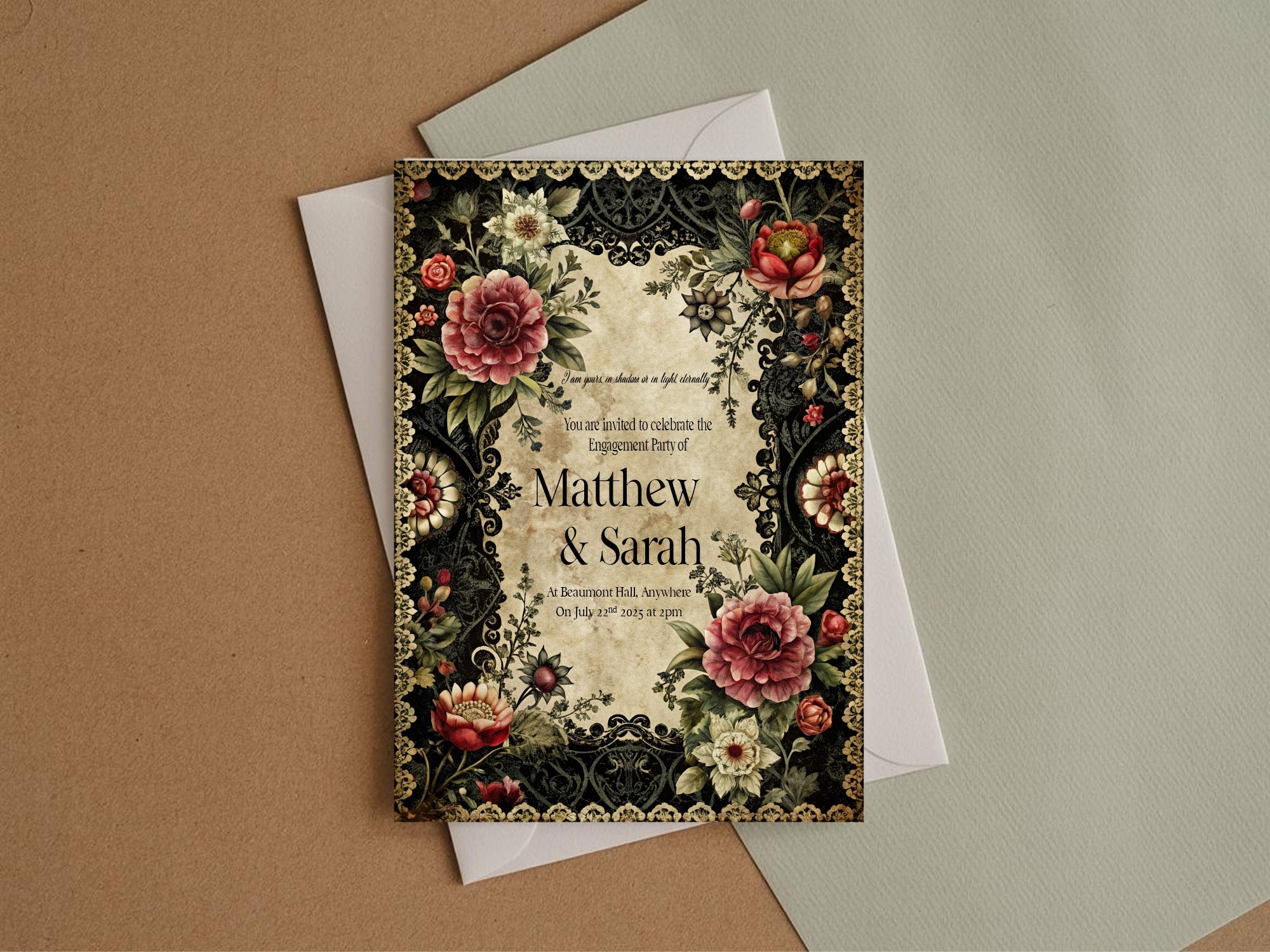Gothic Engagement Party Invitations | Gothic Floral Frame | Pack of 10