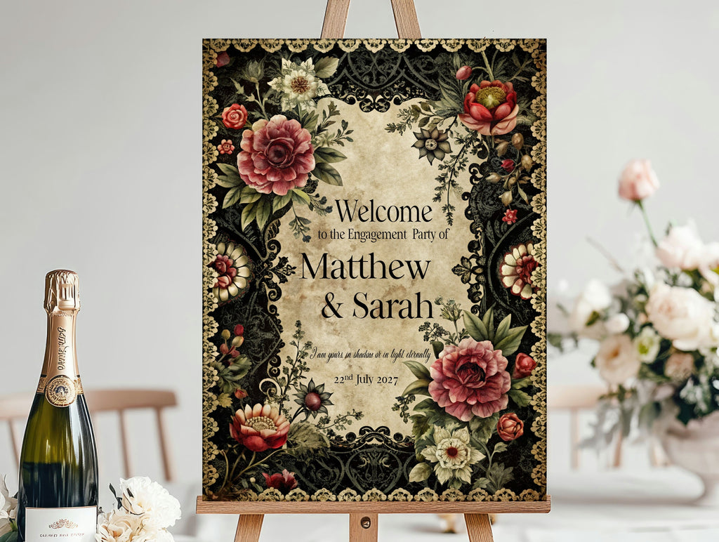 Gothic Engagement Party Invitations | Gothic Floral Frame | Pack of 10