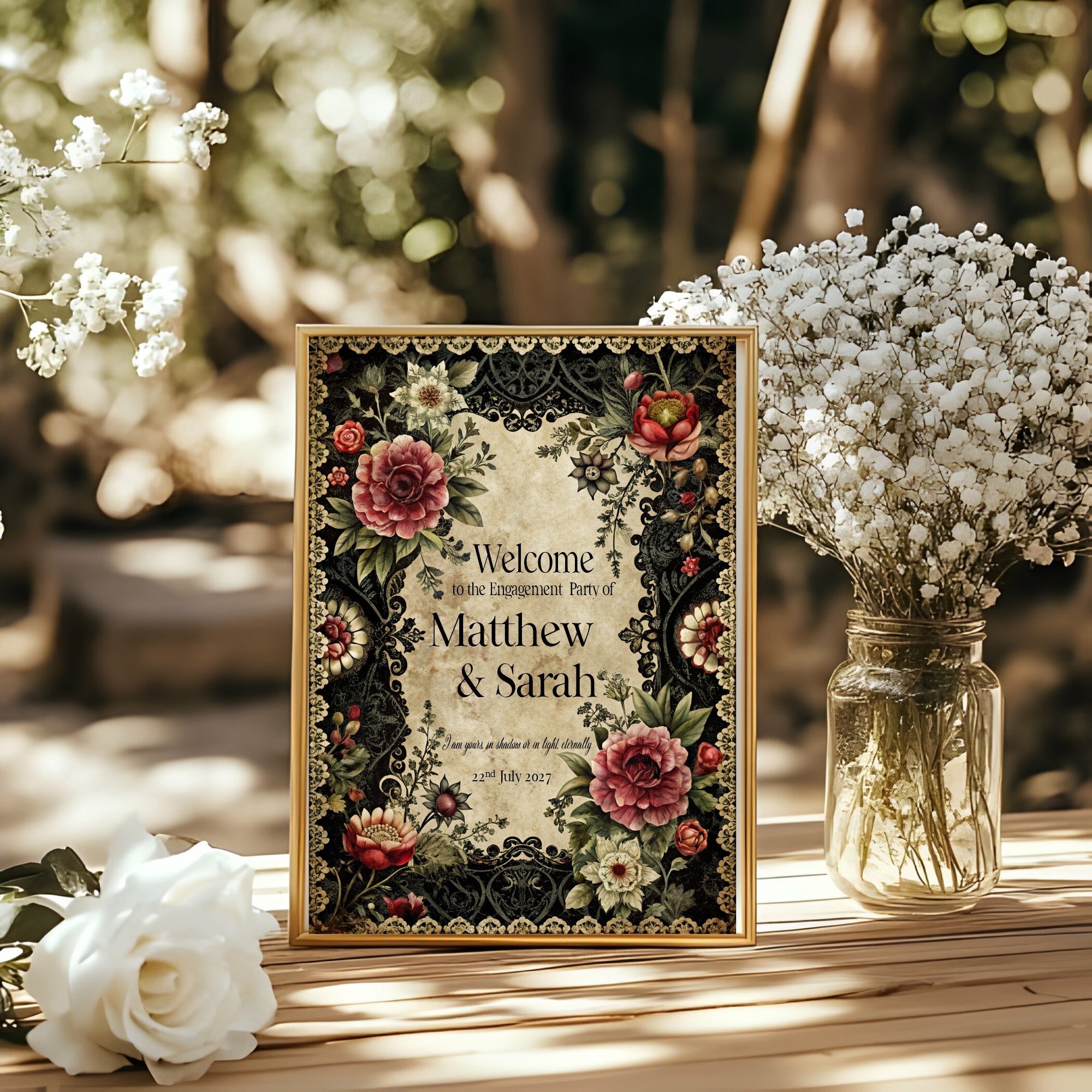 Gothic Engagement Party Invitations | Gothic Floral Frame | Pack of 10