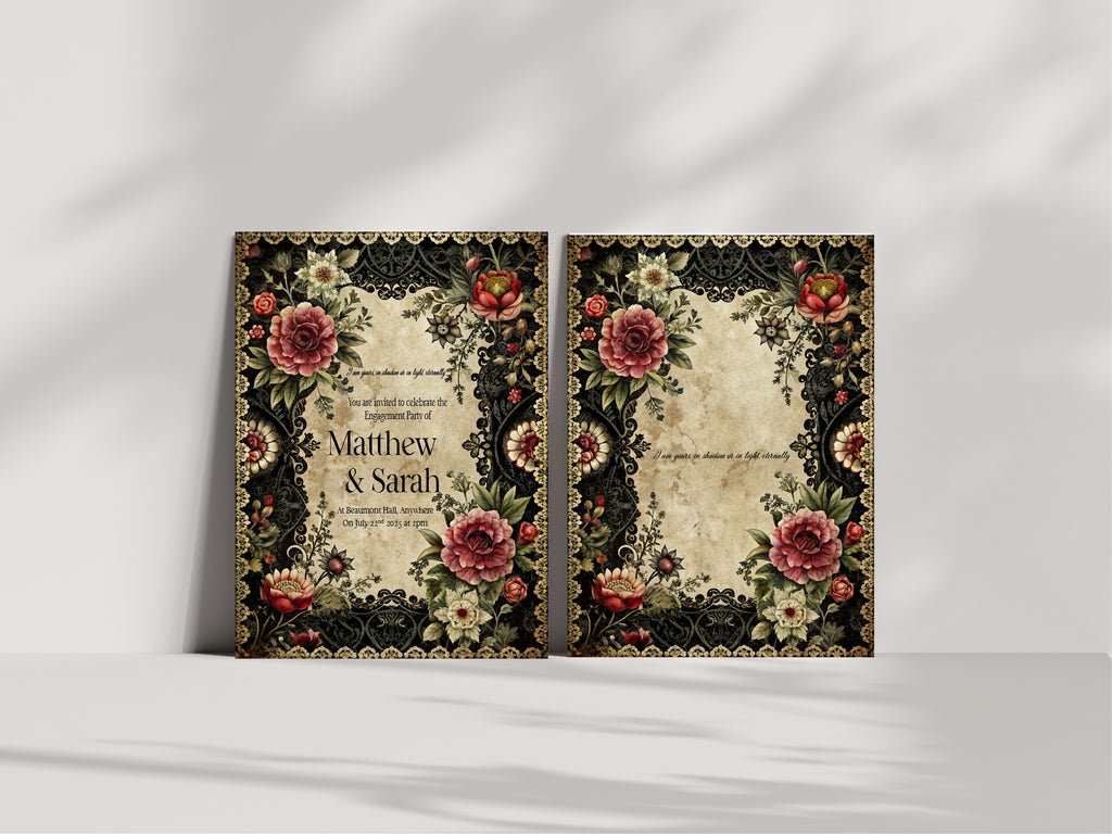 Gothic Engagement Party Invitations | Gothic Floral Frame | Pack of 10