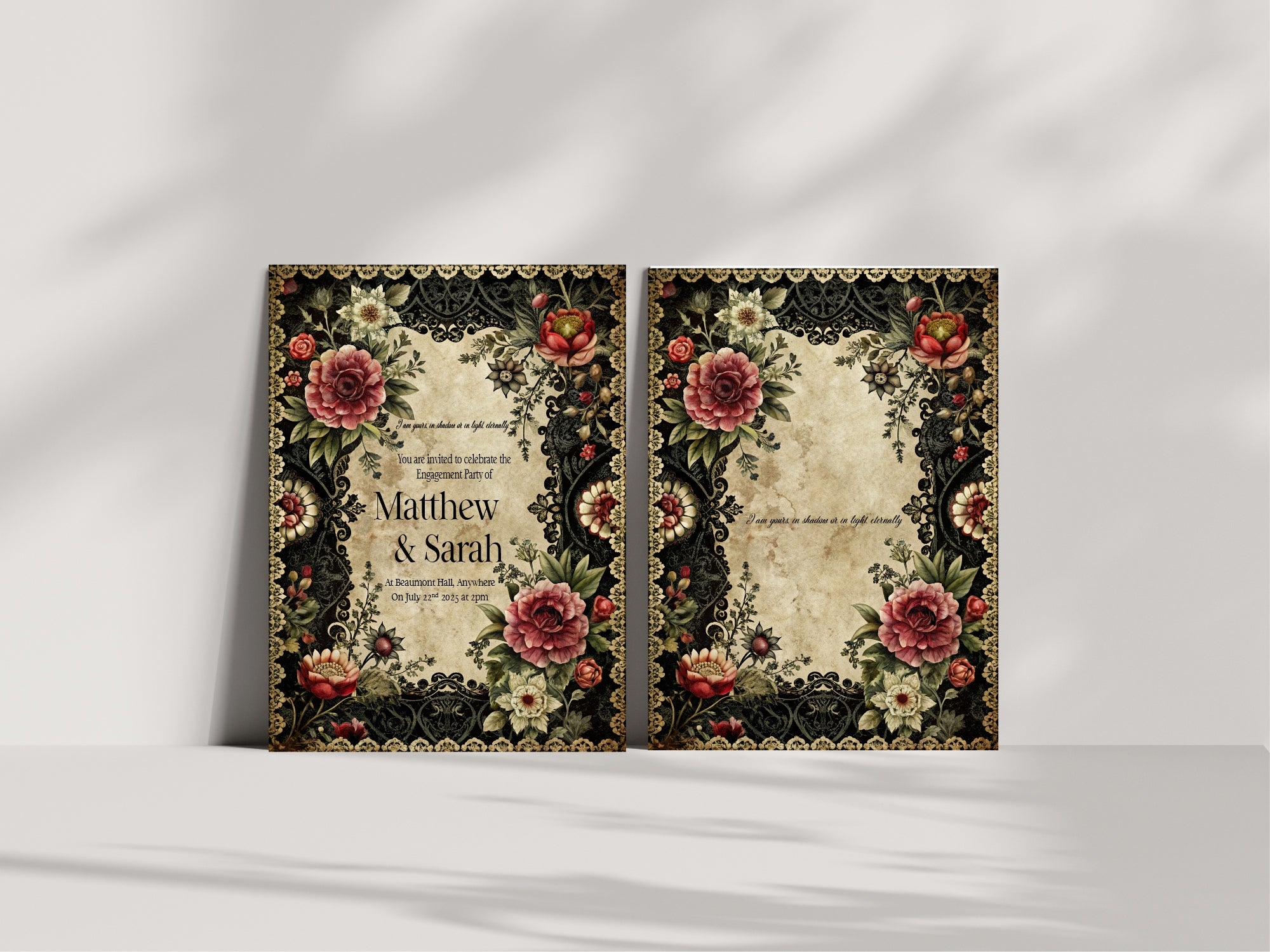 Gothic Engagement Party Invitations | Gothic Floral Frame | Pack of 10