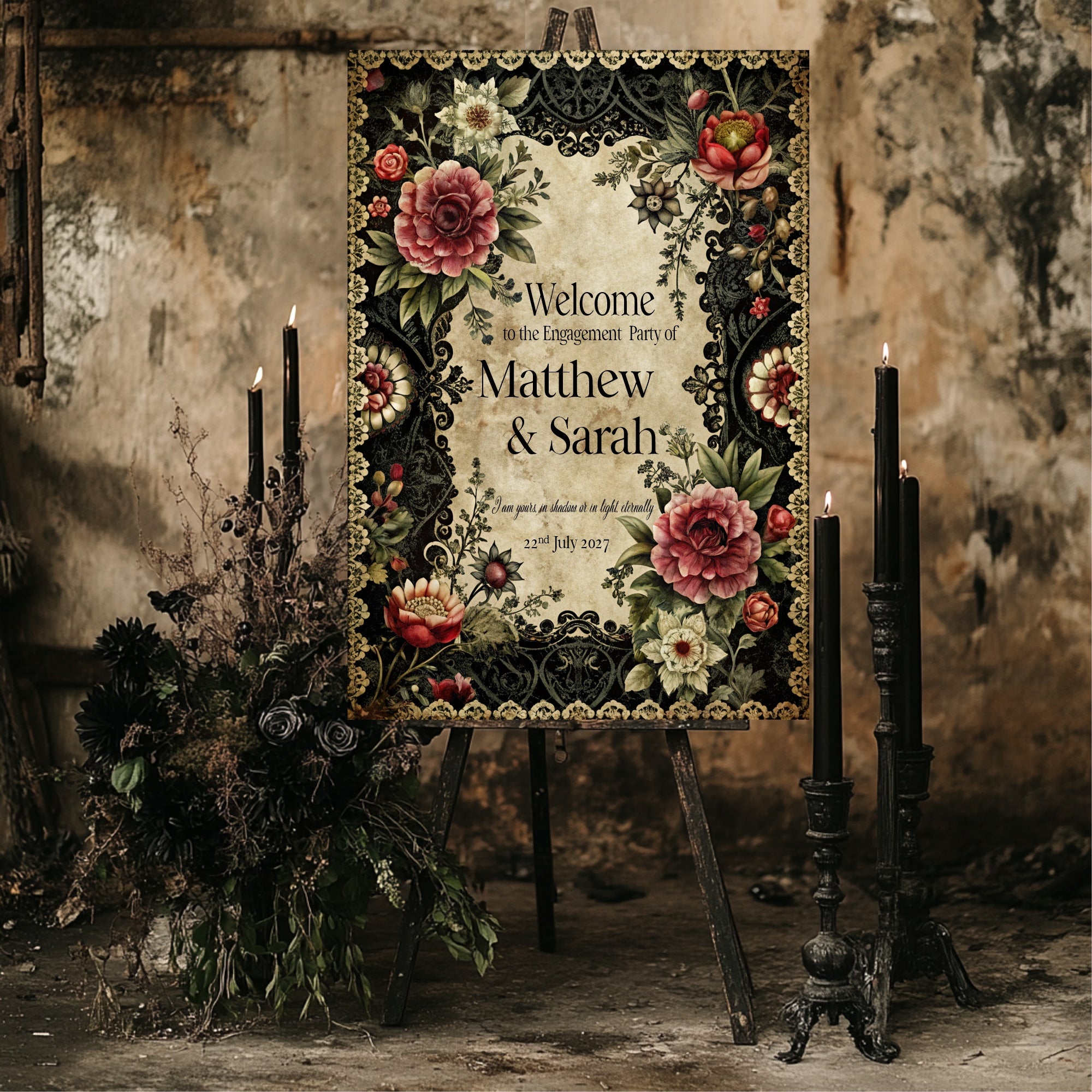Gothic Engagement Welcome Party Sign | Gothic Floral Frame