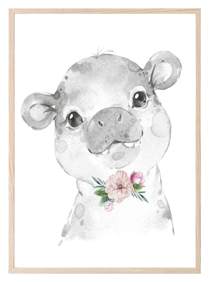 Collection Of Sweet Animals With Floral Elements Prints | Collection Of Nursery Wall Art Hippo