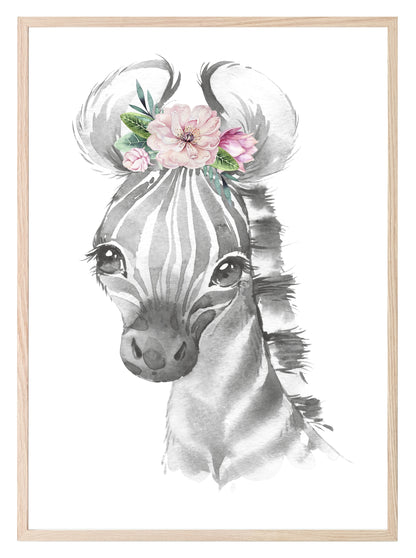 Collection Of Sweet Animals With Floral Elements Prints | Collection Of Nursery Wall Art Zebra