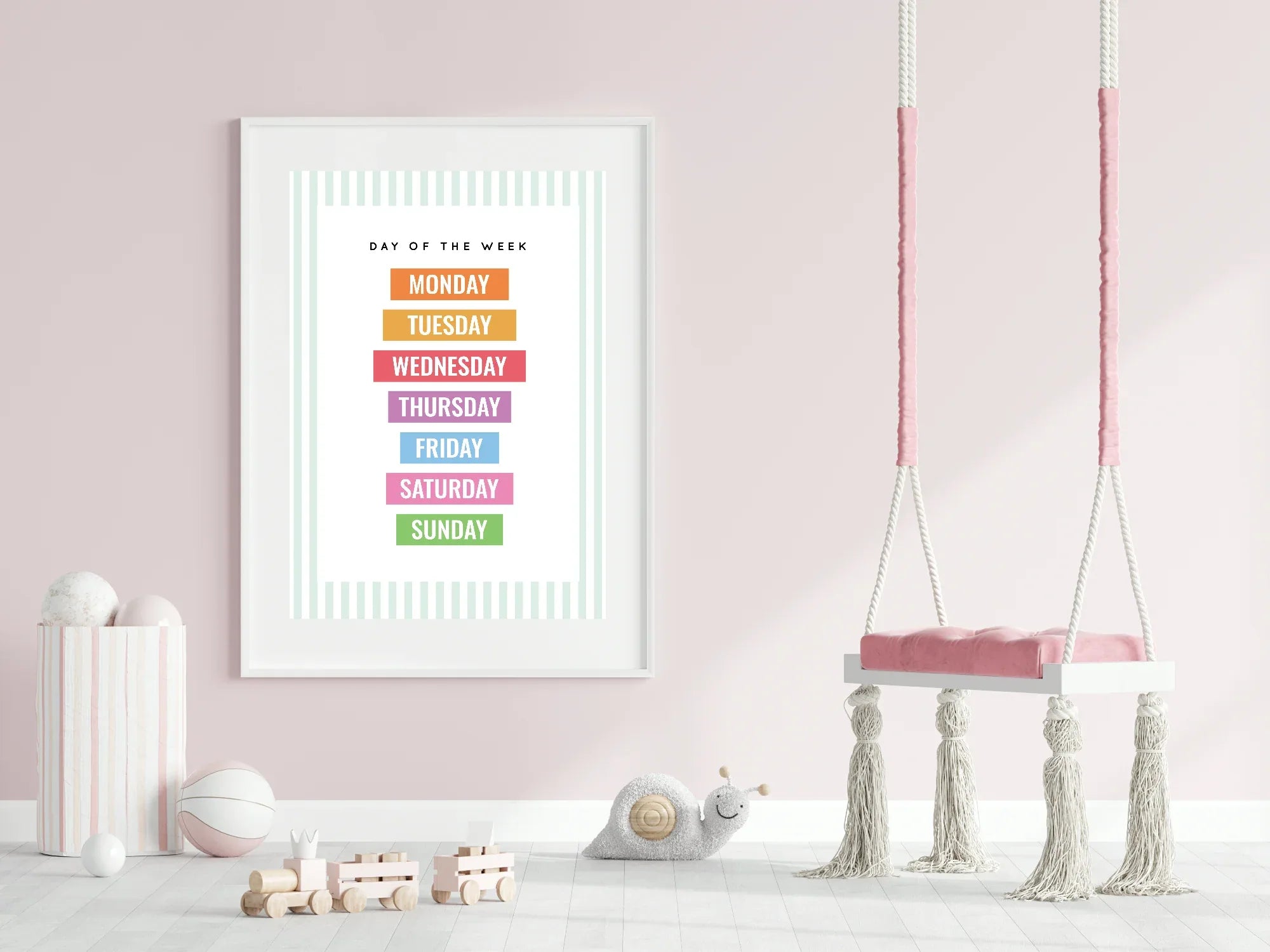 Pastel Stripe Days Of The Week Educational Wall Art Poster | Blue, Pink or Mint Green - Larosier Prints