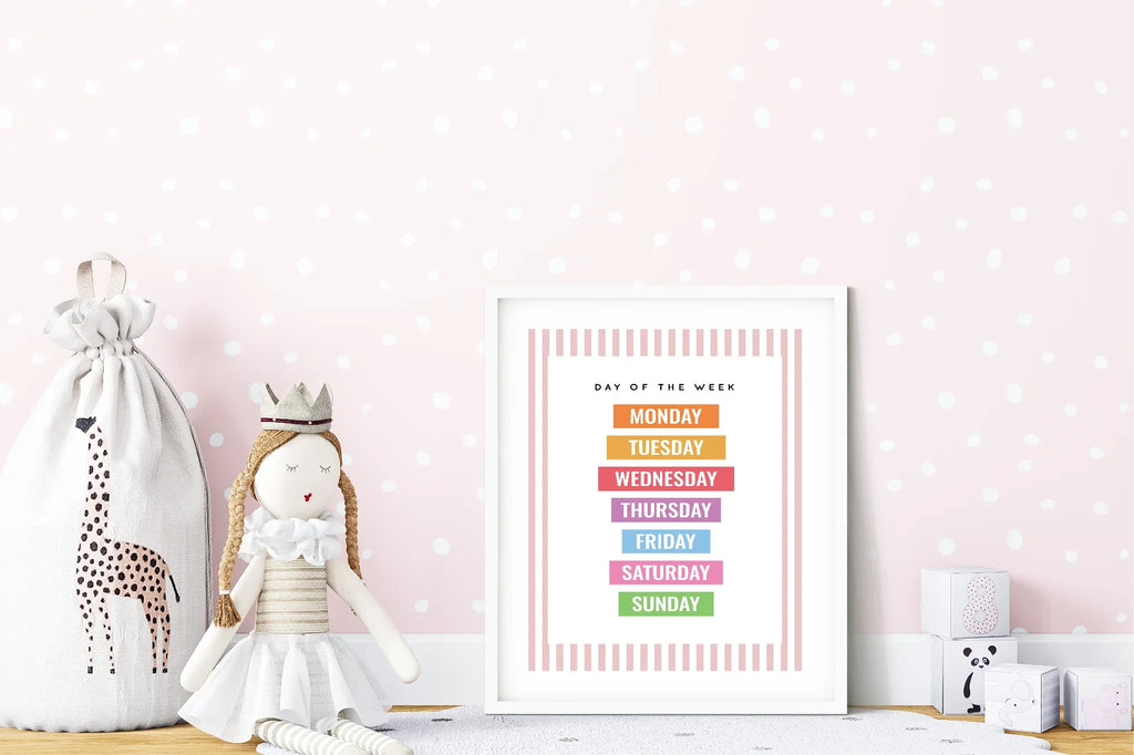 Pastel Stripe Days Of The Week Educational Wall Art Poster | Blue, Pink or Mint Green - Larosier Prints